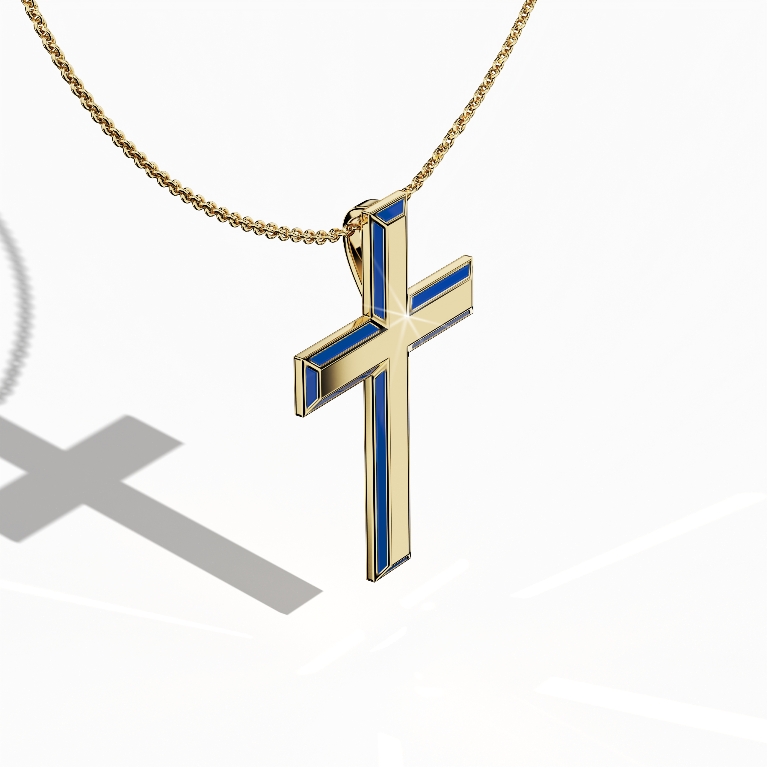 Front top side view of a side enamel three-step cross pendant in radiant жёлтое золото, often referred to as traditional or golden-hued metal. The vivid blue perimeter enamel, also termed cobalt or azure enamel, accentuates the tri-tier silhouette and reveals subtle artistry from this angled vantage. Its gleaming finish embodies spiritual reverence and contemporary elegance. Keywords: side enamel cross, жёлтое золото, blue enamel, tri-tier design.