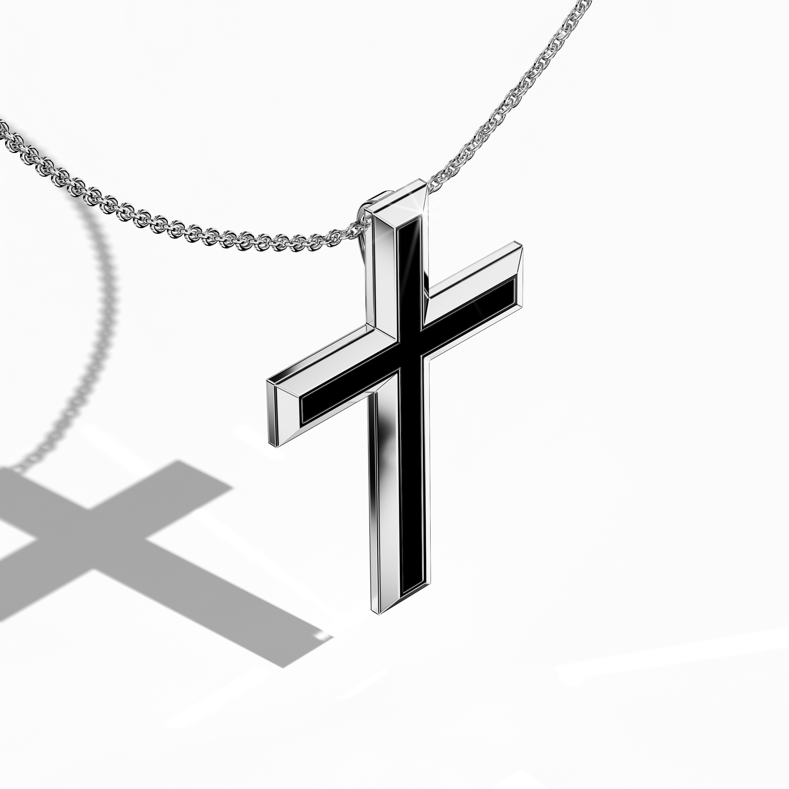 Front top side view of a center enamel 3‑step cross pendant in polished белое золото, also known as pale or silver‑toned gold. The dark black enamel core, often described as ebony or jet enamel, accentuates the layered, tri‑tier design that harmonizes spiritual tradition with contemporary style. This carefully crafted piece, recognized as a multi‑step or stacked cross in many regions, displays intricate detailing and a sleek finish.
Keywords: three‑step cross, белое золото, black enamel, modern elegance.