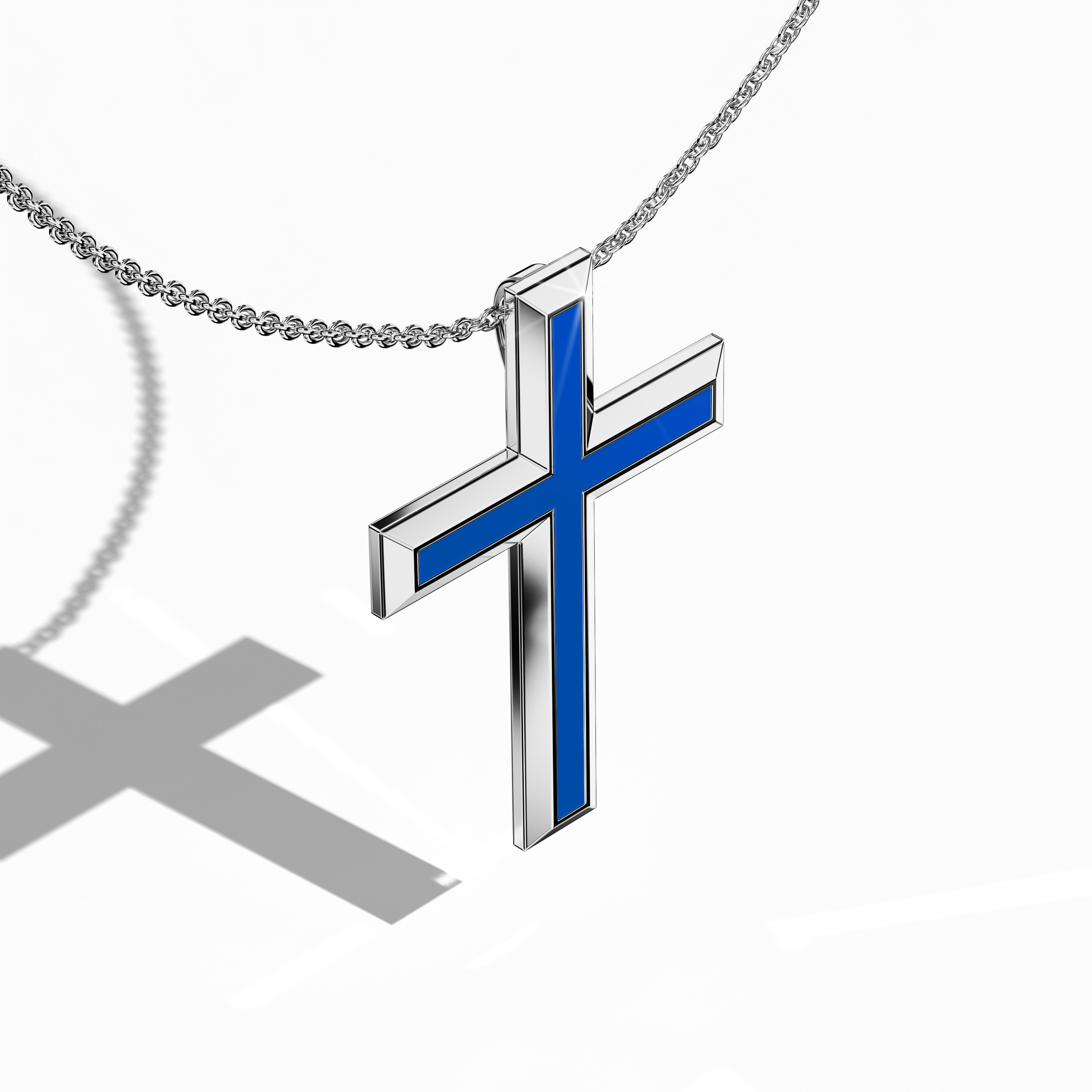 Front top side view of a center enamel 3‑step cross pendant in radiant белое золото, alternatively known as pale or silver‑toned gold. The dynamic blue enamel centerpiece, also called cobalt or azure enamel, emphasizes the layered, tri‑tier design that unites sacred symbolism with contemporary style. Detailed contours and refined polish are visible from this angled perspective, underscoring its status as a cherished, versatile piece of Украшения.
Keywords: three‑step cross, белое золото, blue enamel.