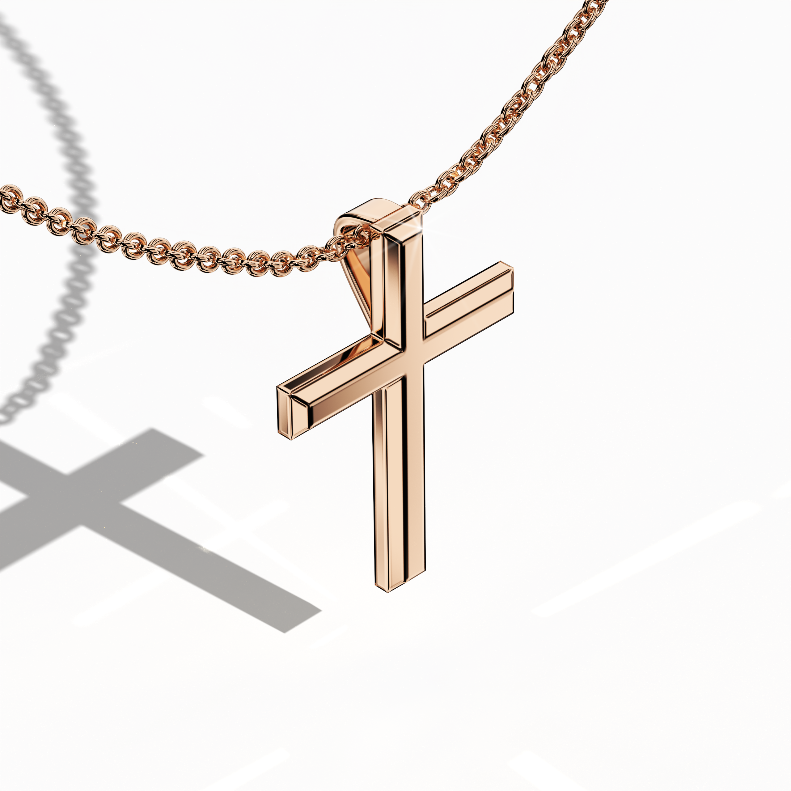 Front top side view of a three-step cross pendant in radiant розовое золото, sometimes referred to as pink or blush gold in various regions. The triple-tier silhouette, also called a multi-step or stacked cross, reveals subtle dimensional depth from this angled perspective. Its polished edges capture the warm luster of rose metal, uniting faith-inspired heritage with modern grace. Keywords: three-step cross, розовое золото, angled design, modern elegance.