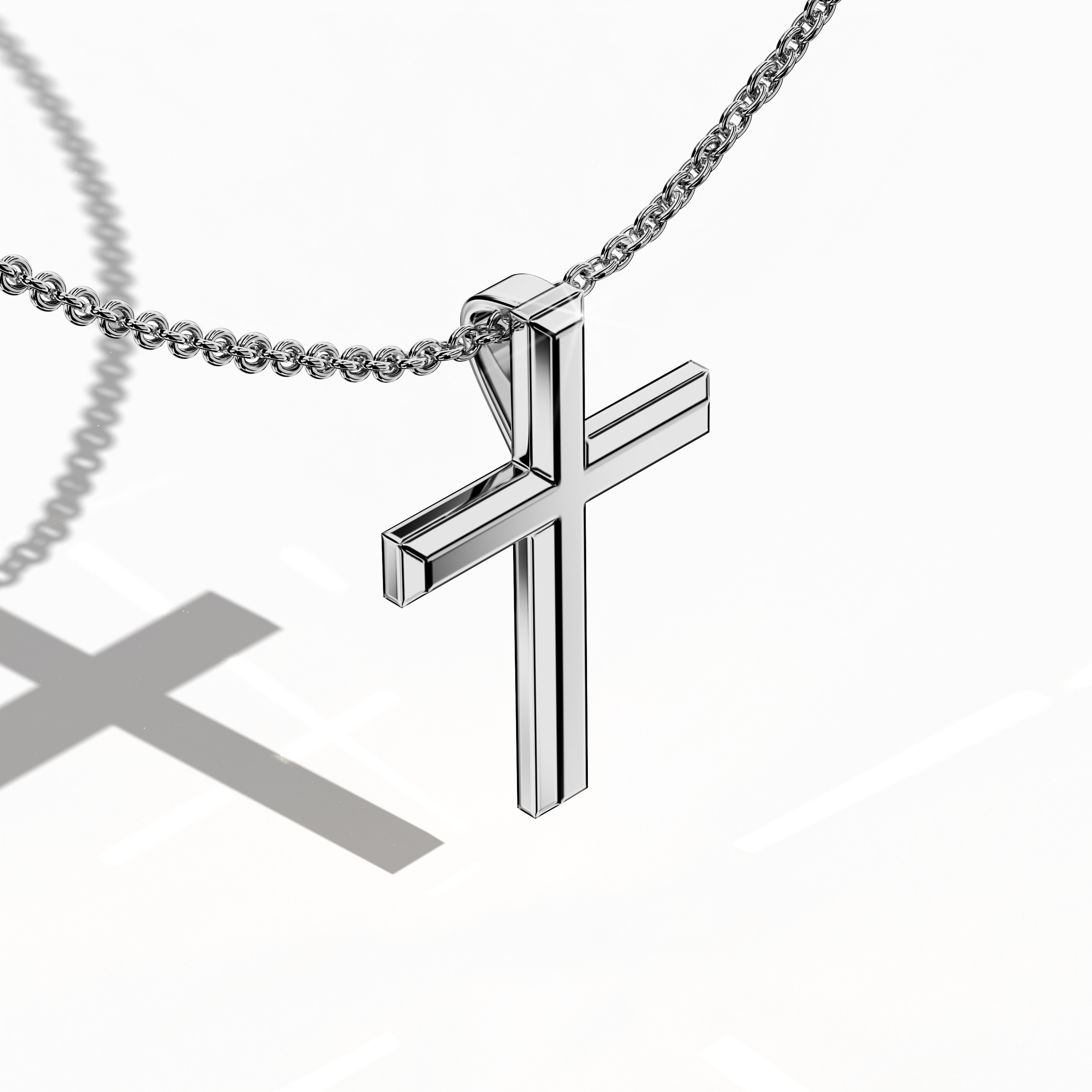 Front top side view of a three-step cross pendant in radiant белое золото, sometimes referred to as pale or silver-toned gold in various locales. The triple-tier design, also known as a multi-step or stacked cross, reveals subtle dimensional layers from this angled perspective. Polished edges reflect light elegantly, merging spiritual heritage with a chic, modern twist. Keywords: three-step cross, белое золото, angled design, modern flair.