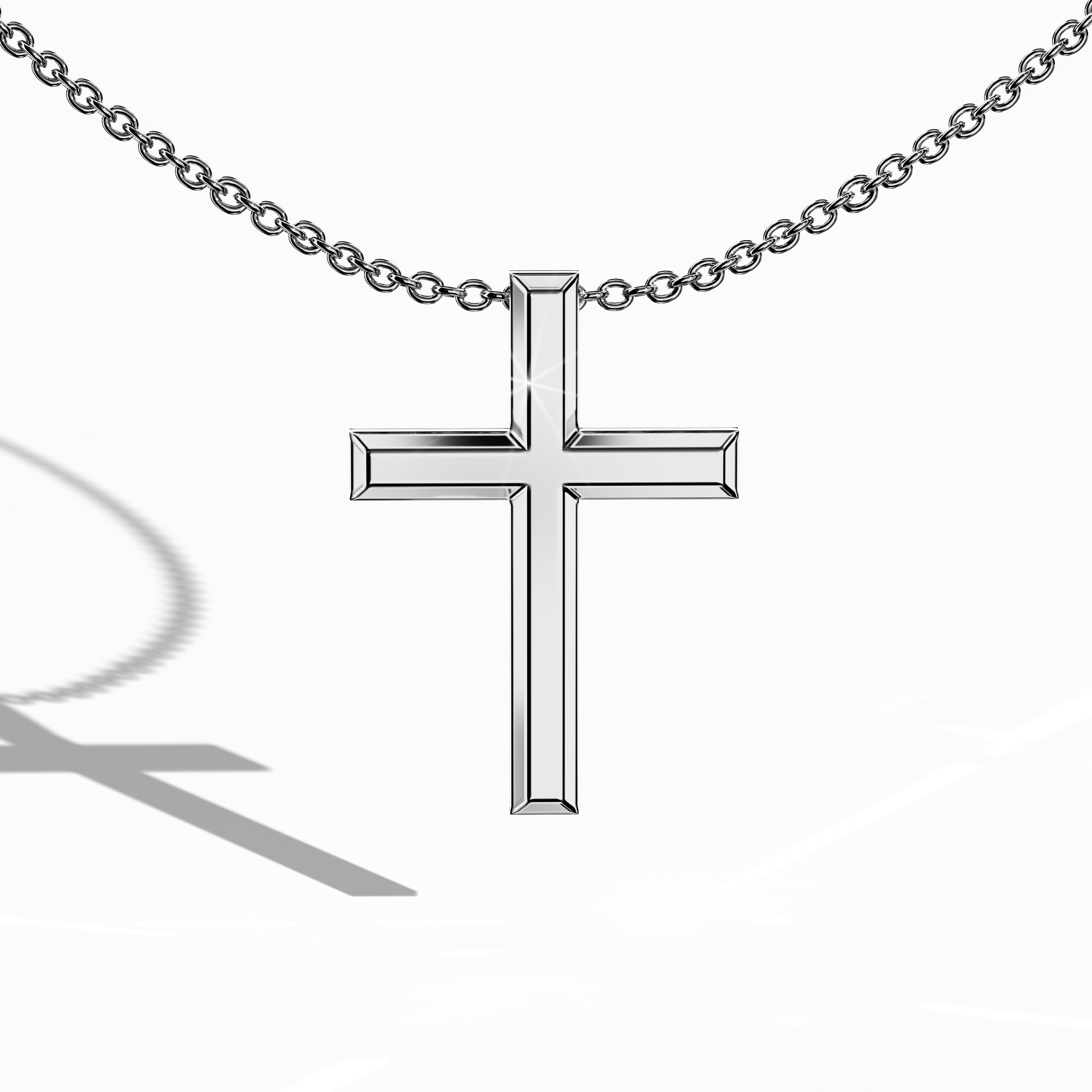 Front view of a three-step cross pendant in luminous белое золото, sometimes called pale or silver-hued gold in various regions. The triple-tier design, also referred to as a multi-step or stacked cross, highlights refined craftsmanship and timeless devotion. Each tier is smoothly polished, reflecting light for a sleek finish that merges spiritual significance with contemporary elegance. Keywords: three-step cross, белое золото, layered design, timeless accessory.