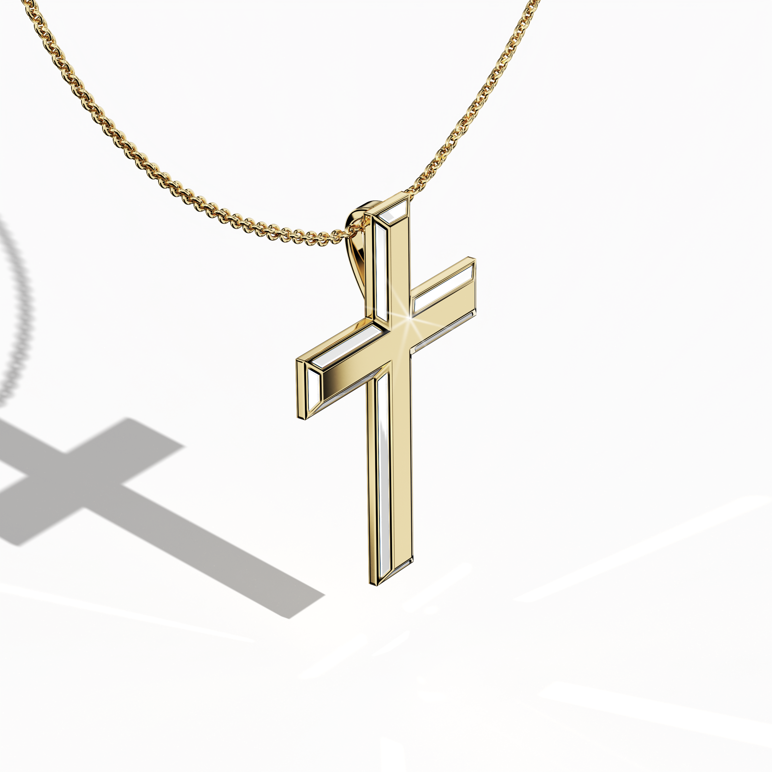 Front top side view of a side enamel three-step cross pendant in radiant жёлтое золото, often described as traditional or golden-hued metal. The crisp white perimeter enamel, sometimes referred to as pearl or ivory enamel, defines the tri-tier silhouette and reveals intricate contours from this angle. Its harmonious blend of classic metal and bright enamel reflects enduring style. Keywords: side enamel cross, жёлтое золото, white enamel, tri-tier design.