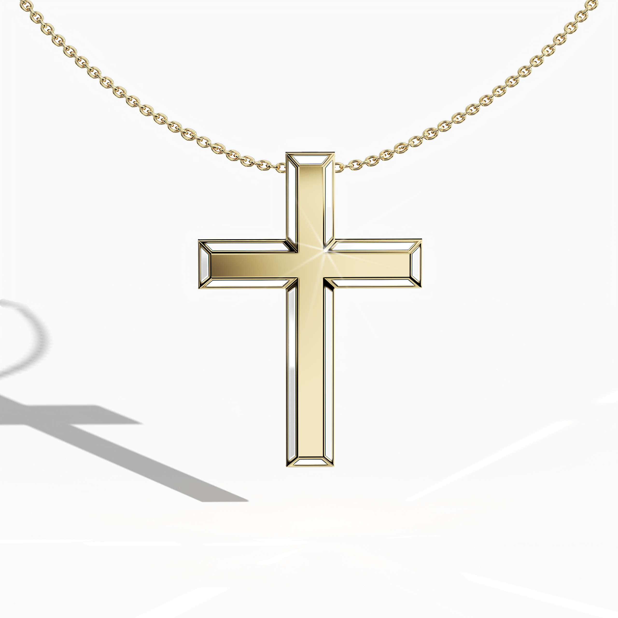 Front view of a side enamel three-step cross pendant in classic жёлтое золото, sometimes referred to as traditional or golden-hued metal in different regions. The bright white perimeter enamel, also called pearl or ivory enamel, highlights the layered design (recognized as multi-step, tri-tier, or stacked cross). Its polished finish and timeless color pairing convey both devotion and modern sophistication. Keywords: side enamel cross, жёлтое золото, white enamel, layered design.