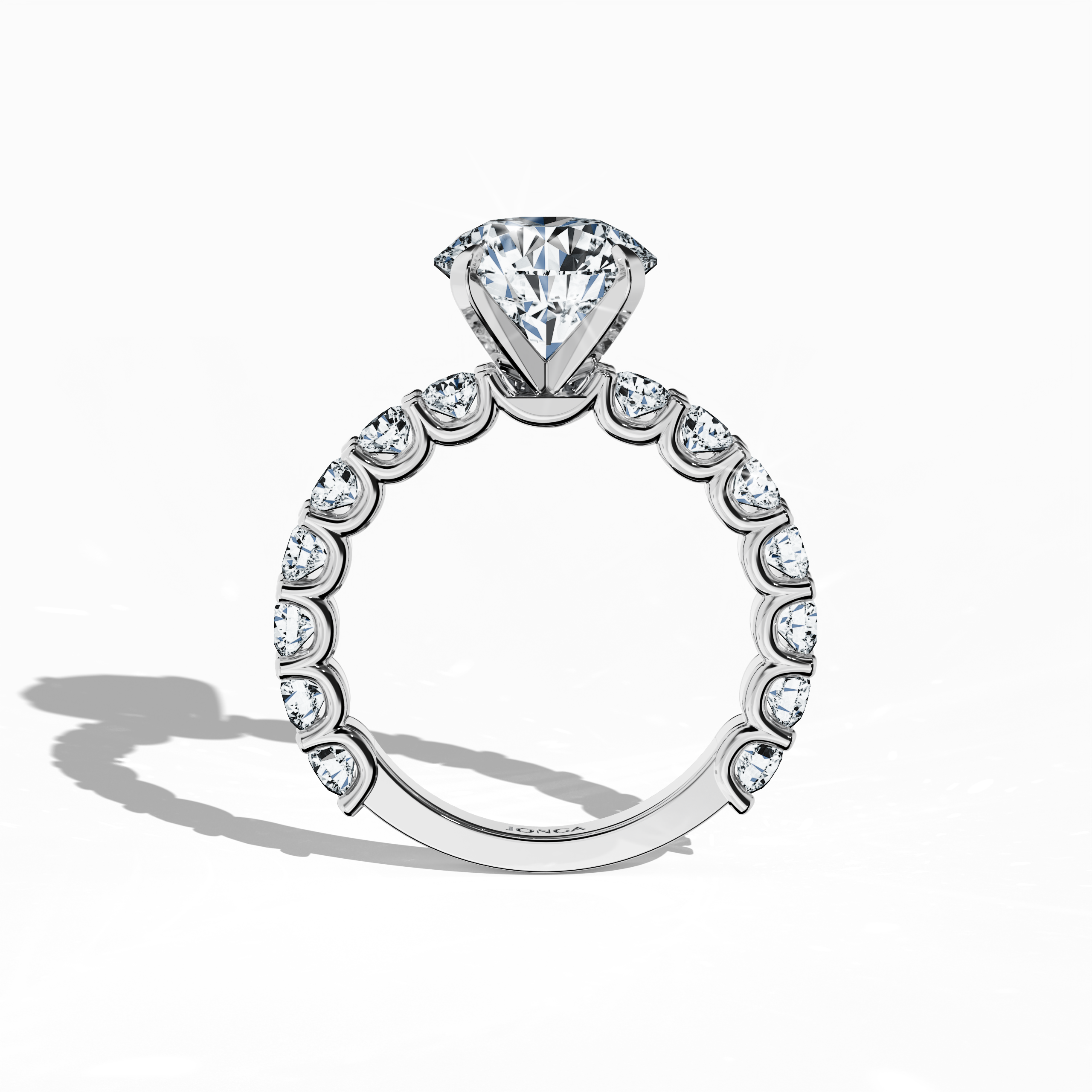 Standing front view of a белое золото solitaire Eternity ring featuring a brilliant 3  карат center/centre diamond and 1.60  карат side diamonds in a four-nail prong setting. This luxurious ring is perfect as an engagement ring, eternity band, or wedding band, embodying sophistication and timeless beauty. Keywords: белое золото, diamond eternity band, solitaire ring, wedding Украшения/Ювелирные изделия, bridal, 4.60  карат, modern luxury.