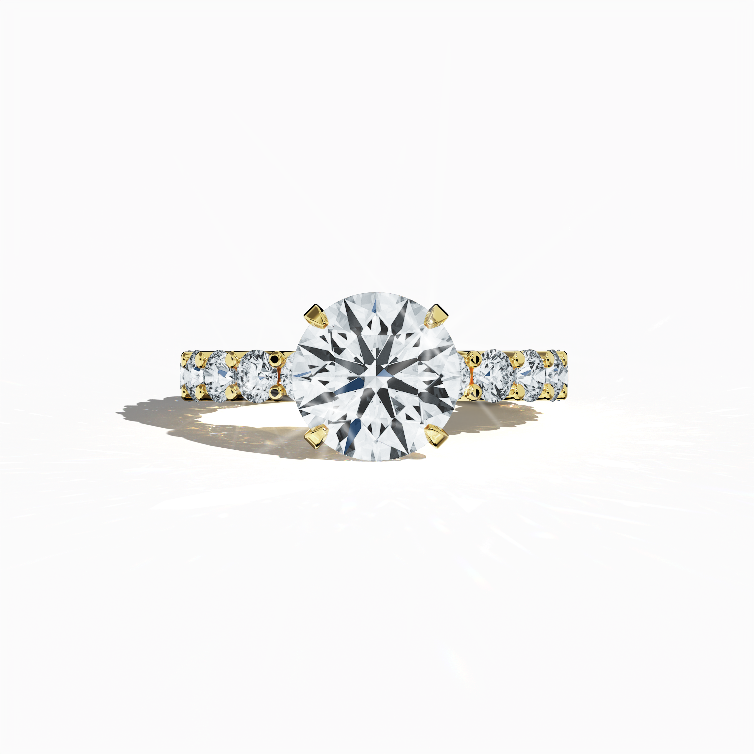 Yellow gold solitaire Eternity ring featuring a radiant 3 ct center/centre diamond and 1.60 ct side diamonds in a four-nail prong setting. This front-facing sleeping view emphasizes the classic charm and radiant brilliance, making it a perfect solitaire ring, engagement ring, or eternity band. A luxurious fine jewelry/fine jewellery choice for weddings and anniversaries. Keywords: yellow gold, diamond eternity ring, bridal jewelry/jewellery, wedding band, luxury, 4.60 ct, timeless elegance.