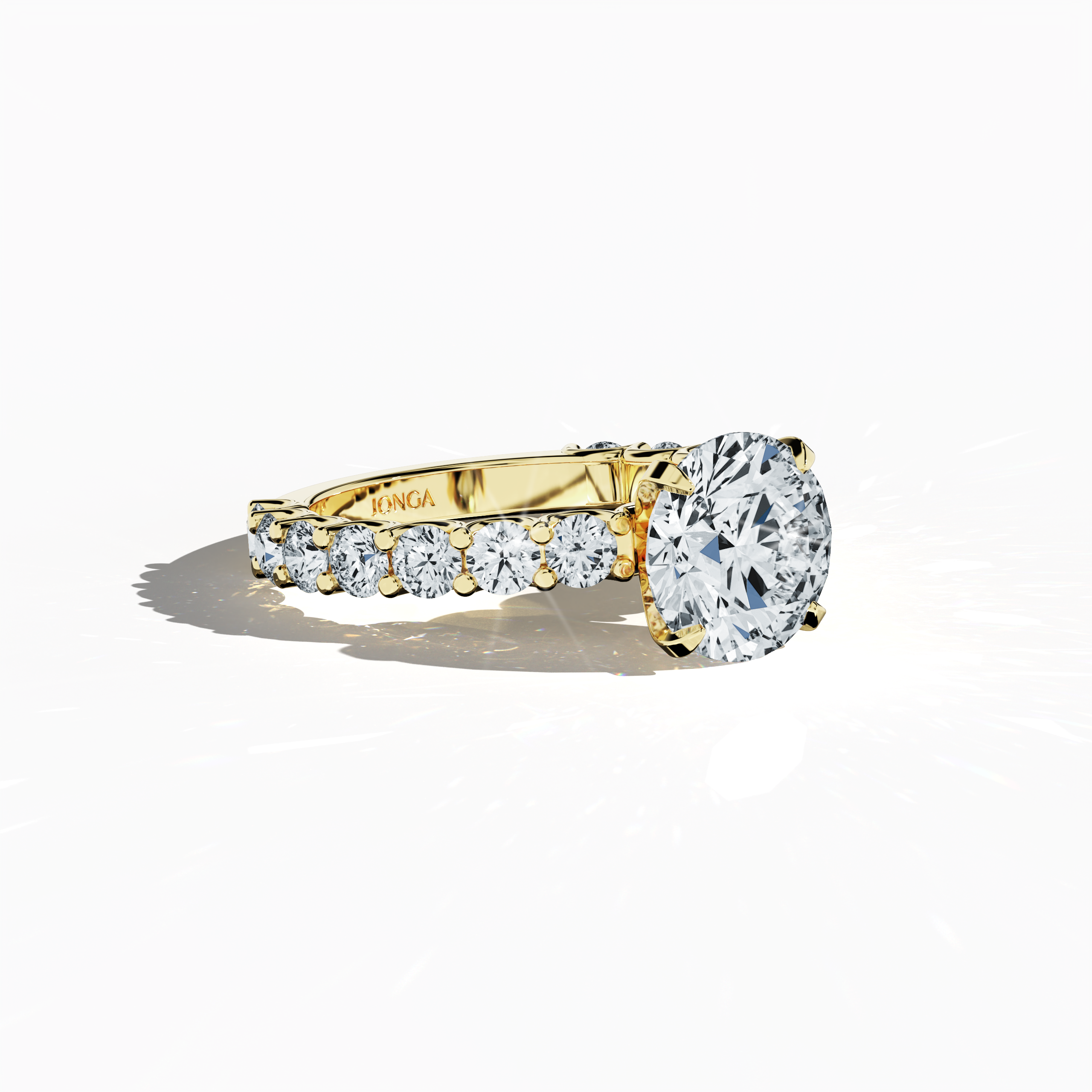 Side profile of a жёлтое золото solitaire Eternity ring, featuring a brilliant 3  карат center/centre diamond and 1.60  карат side diamonds in a four-nail prong setting. The side view highlights the elegant design and sparkling brilliance, making it an ideal engagement, bridal, or anniversary Украшения/Ювелирные изделия piece. Keywords: жёлтое золото, solitaire, diamond eternity band, luxury ring, wedding band, fine Ювелирные изделия, 4.60  карат, elegance and sparkle.