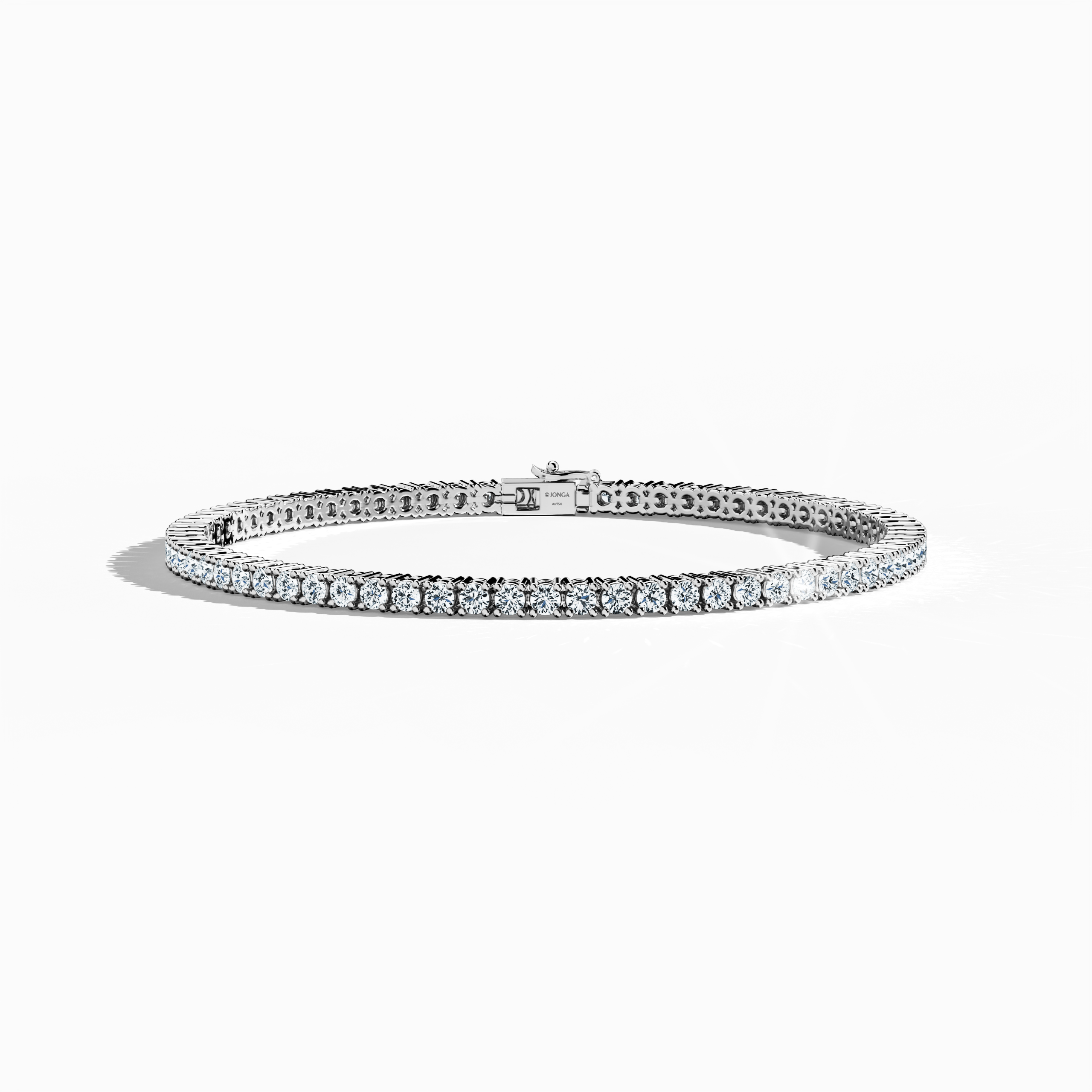 In a sleeping front top view, this 4 carat diamond tennis bracelet in white gold (alternatively known as grey gold or palladium gold) displays a continuous row of prong-set round brilliant diamonds arranged in a sleek line. Also described as a tennis bracelet, line bracelet, eternity bracelet, river bracelet, or inline bracelet, its refined four‐prong design enhances every facet’s radiance for both formal events and daily elegance. Keywords: diamond tennis bracelet, 4 carat, white gold, fine jewelry, prong 