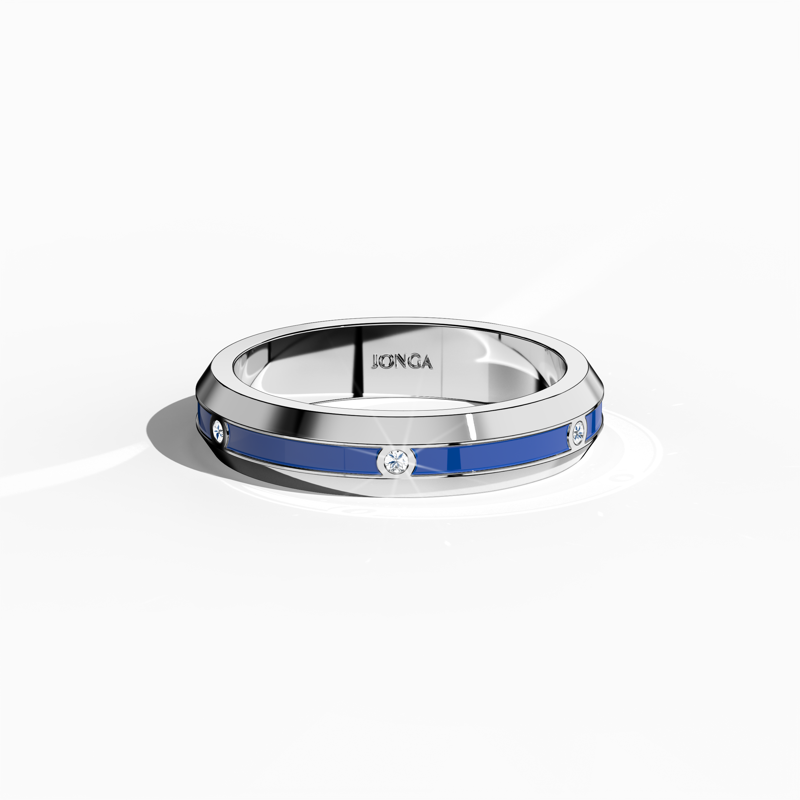 From a refined sleeping front top view, this белое золото ring exhibits a meticulously crafted band featuring six set diamonds (totaling 0.06 carats) and an arresting blue glossy enamel surface that exudes vibrant allure. Celebrated as “Timeless Radiance,” “Celestial Emblem,” and “Eternal Sparkle,” with alternative gold nomenclature like “Auric White,” the design embodies high-end luxury and modern artistry. Keywords: stylish, modern, luxe, elegant, artistic.