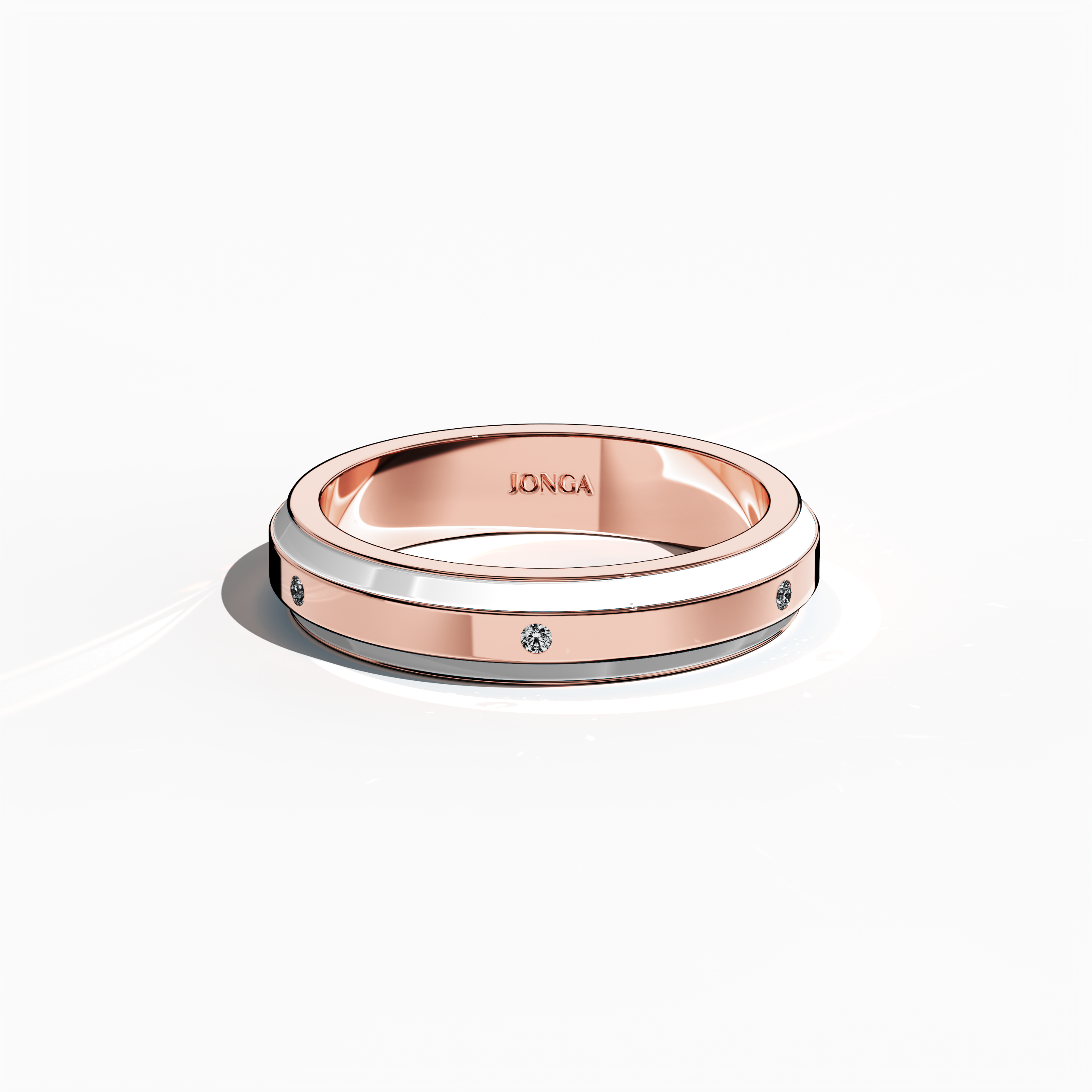 Viewed from a sleeping front top angle, this refined six diamond enamel ring in warm розовое золото with luminous white enamel highlights a seamless blend of classic sophistication and modern design. Its sleek band, adorned with six elegant diamonds (up to 0.05 carat total) along a precise center line, is polished with a high-gloss enamel finish that enhances every contour. Under design names Elegant Fusion, Modern Radiance, Timeless Chic, Luxe Harmony, Classic Splendor, and Contemporary Brilliance.