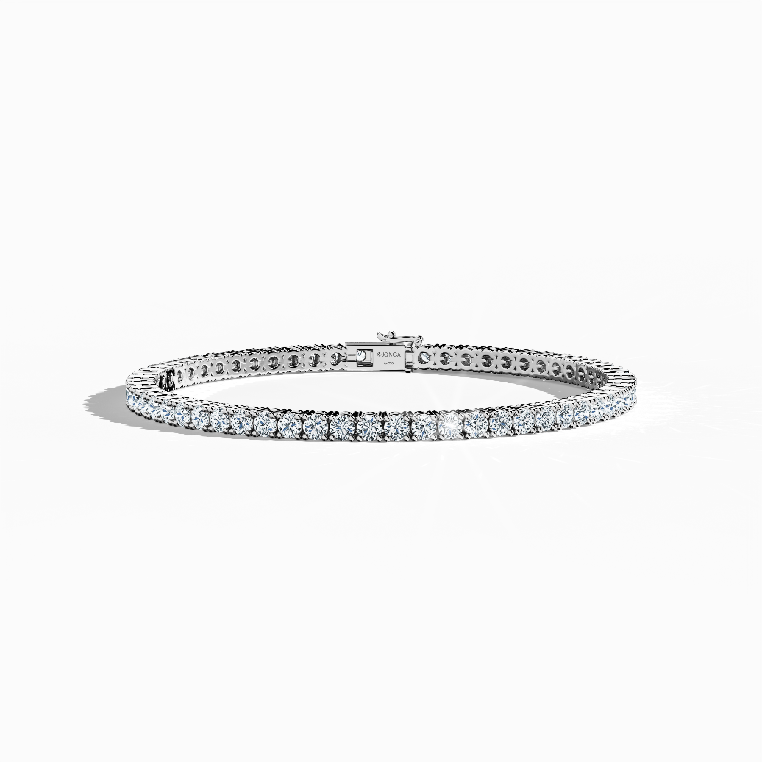 This 6-carat diamond tennis bracelet, also known as a line bracelet, eternity bracelet, river bracelet, or inline bracelet, is presented in platinum (Pt950). Seen from the front, its round brilliant stones shine with timeless elegance. The secure prong setting ensures lasting beauty, making it perfect for elegant events or daily wear. Keywords: diamond tennis bracelet, platinum, line bracelet.
