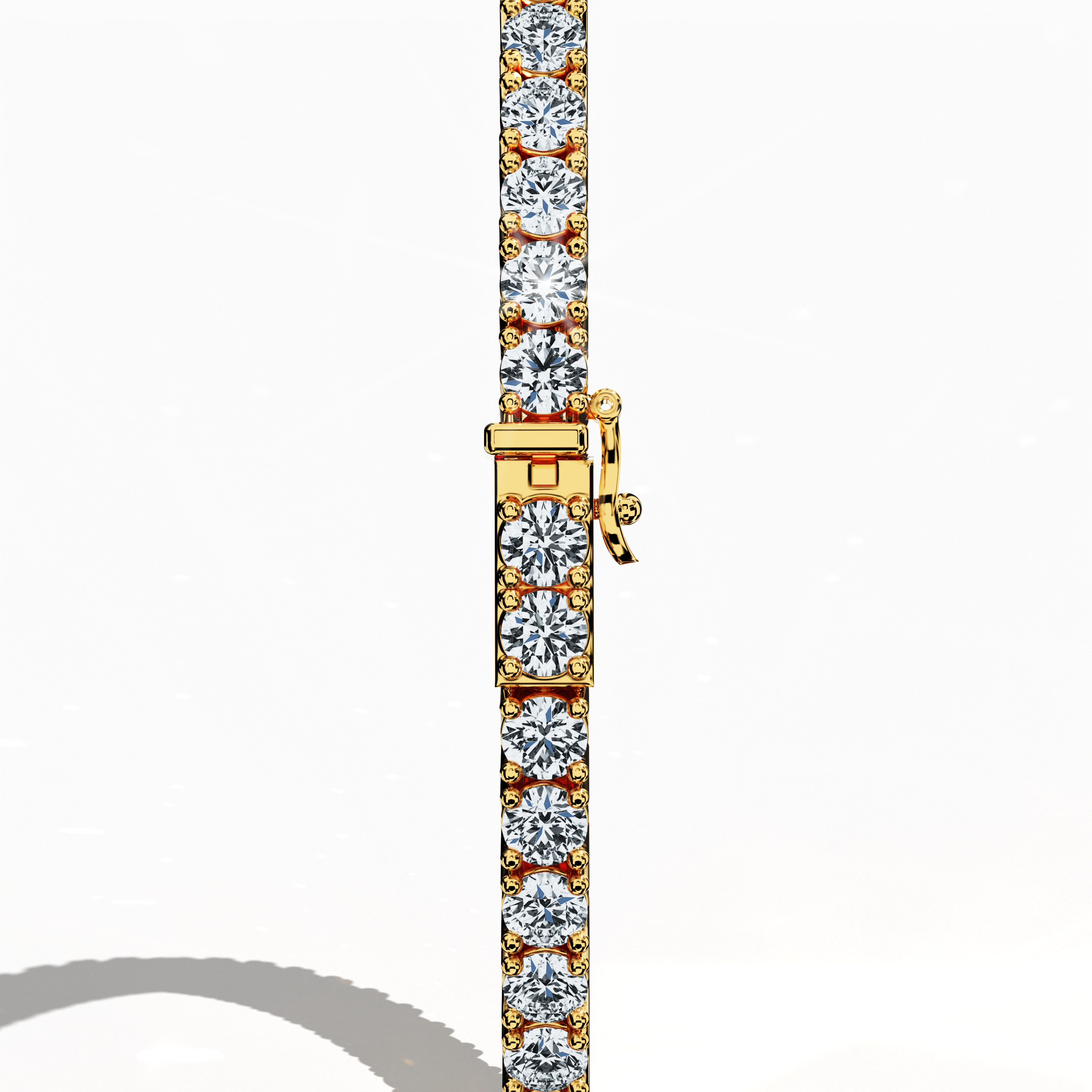This 6-carat diamond tennis bracelet in жёлтое золото (sometimes known as classic gold or champagne gold) is presented from a standing back view, spotlighting its sturdy clasp and continuous prong setting. Called a line bracelet, eternity bracelet, river bracelet, or inline bracelet, it boasts a seamless row of round diamonds. Exuding timeless allure, this piece complements any style with effortless grace. Keywords: diamond tennis bracelet, жёлтое золото, line bracelet.