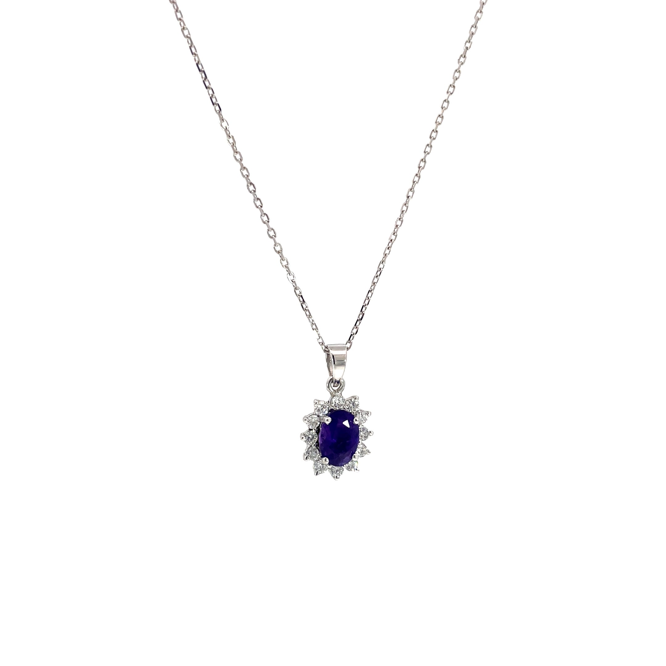 Amethyst Halo Diamond Pendant 0.70 carat purple amethyst 0.41 carat diamonds D-F color VS clarity 18K white gold Dubai
