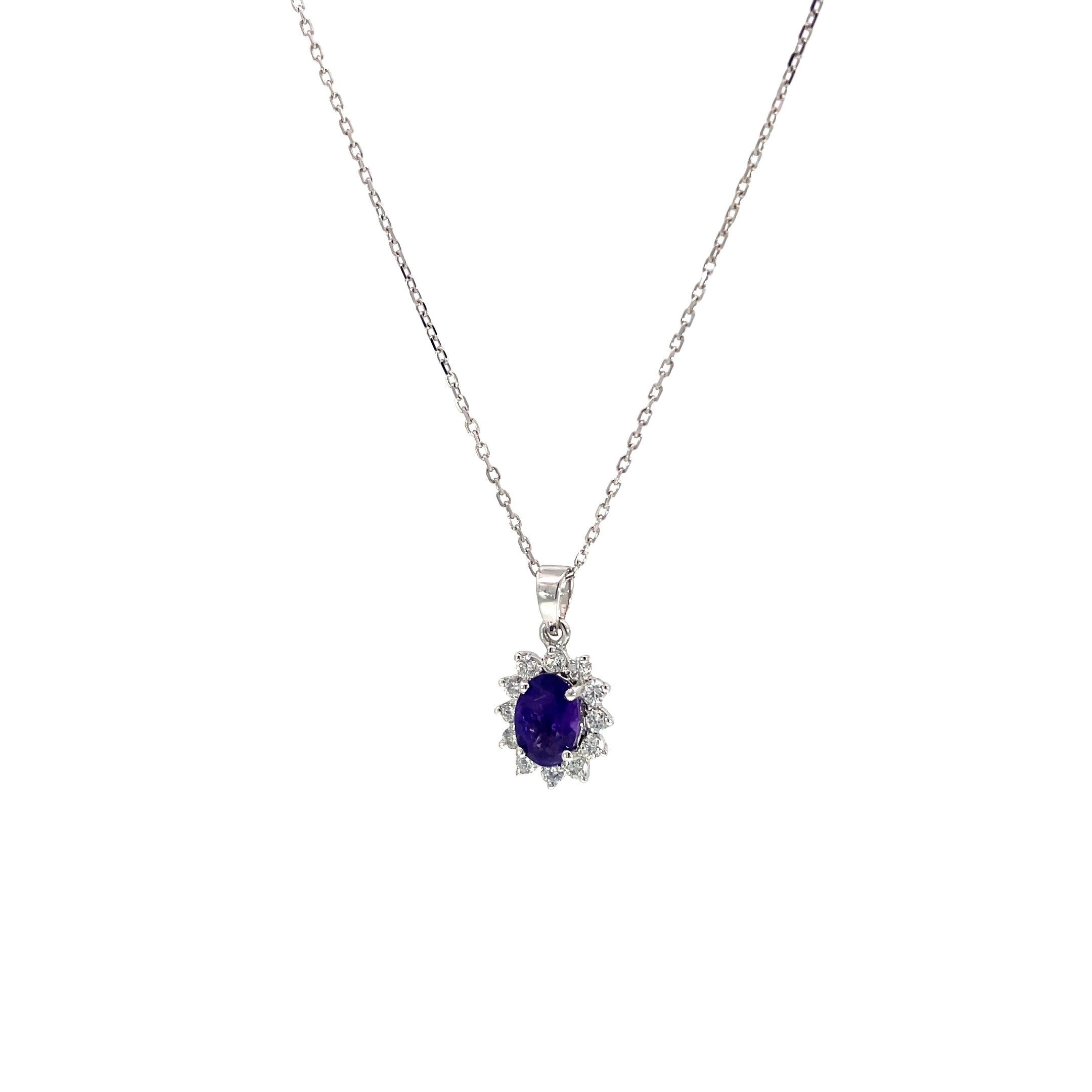 Amethyst Halo Diamond Pendant showing 0.70 carat purple amethyst with diamond halo 0.41 carat D-F color VS clarity 18K white gold
