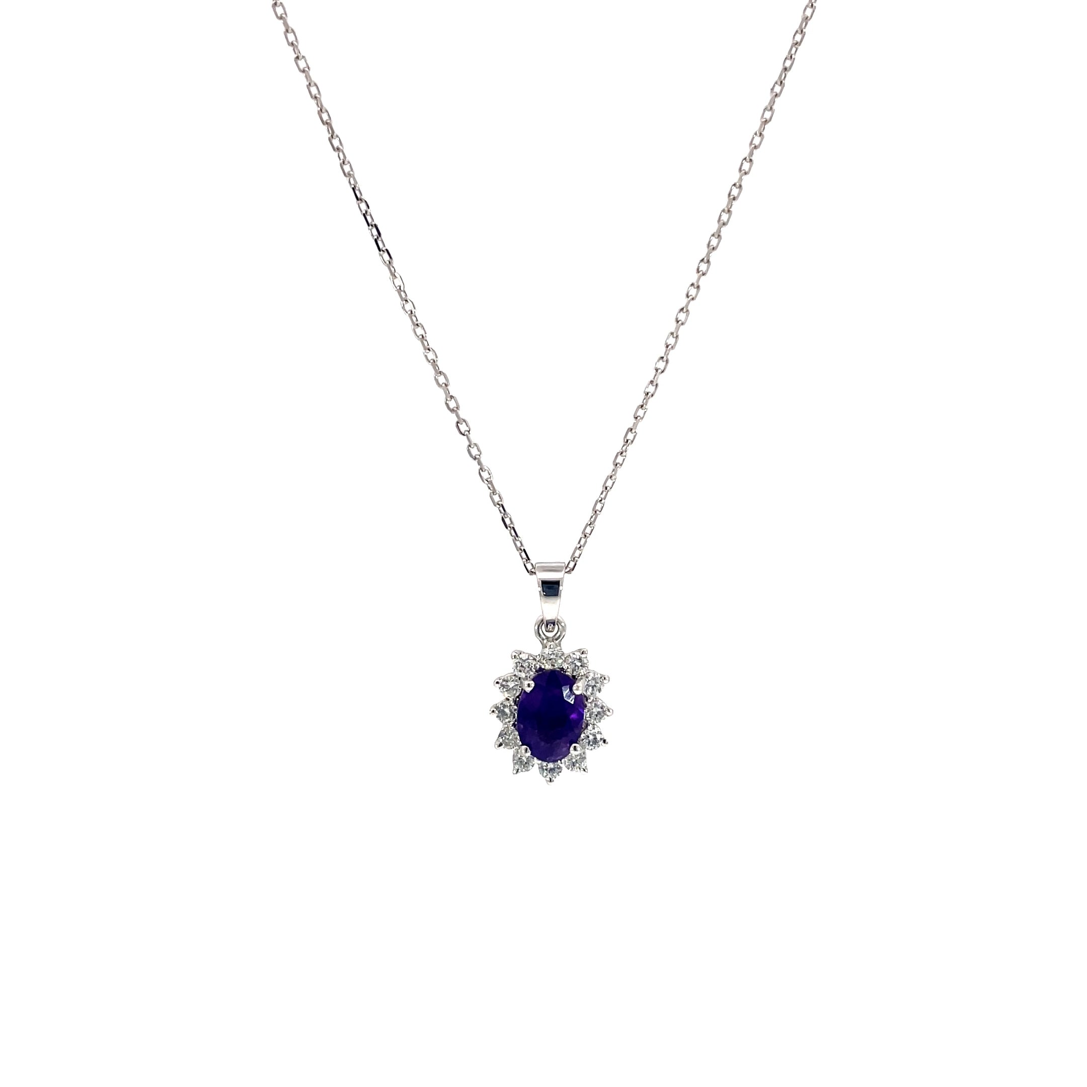 Amethyst Halo Diamond Pendant close-up displaying 0.70 carat purple amethyst center with diamond halo white gold finish
