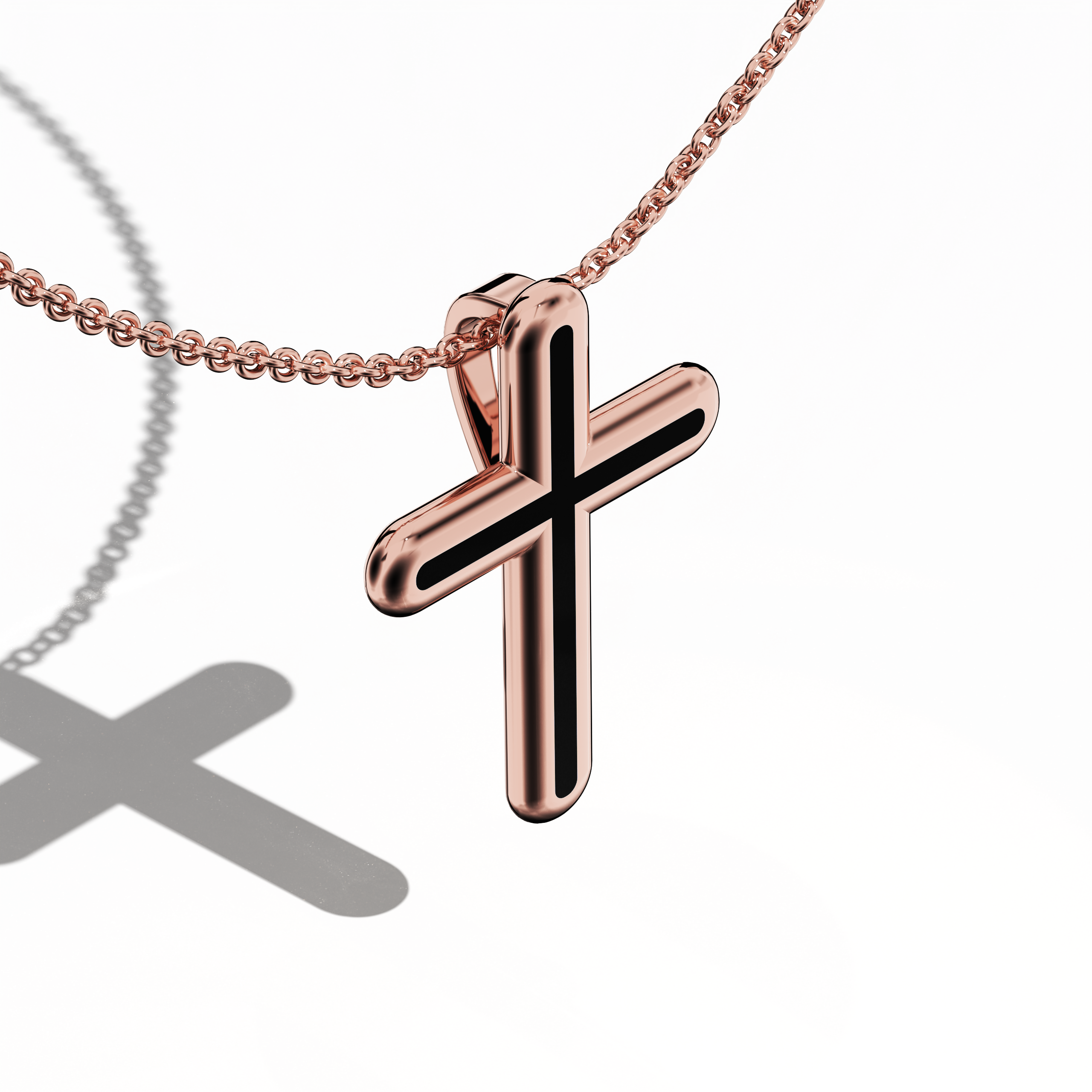Front top side view of a center enamel cross pendant in radiant розовое золото, often described as pink or blush gold. The dark black enamel (sometimes known as ebony or jet) accentuates the multi-step or tri-tier silhouette from this angled perspective. Polished contours reflect a refined interplay of bold color and warm metal, blending heritage with contemporary style. Keywords: enamel cross, розовое золото, black enamel, tri-tier design.