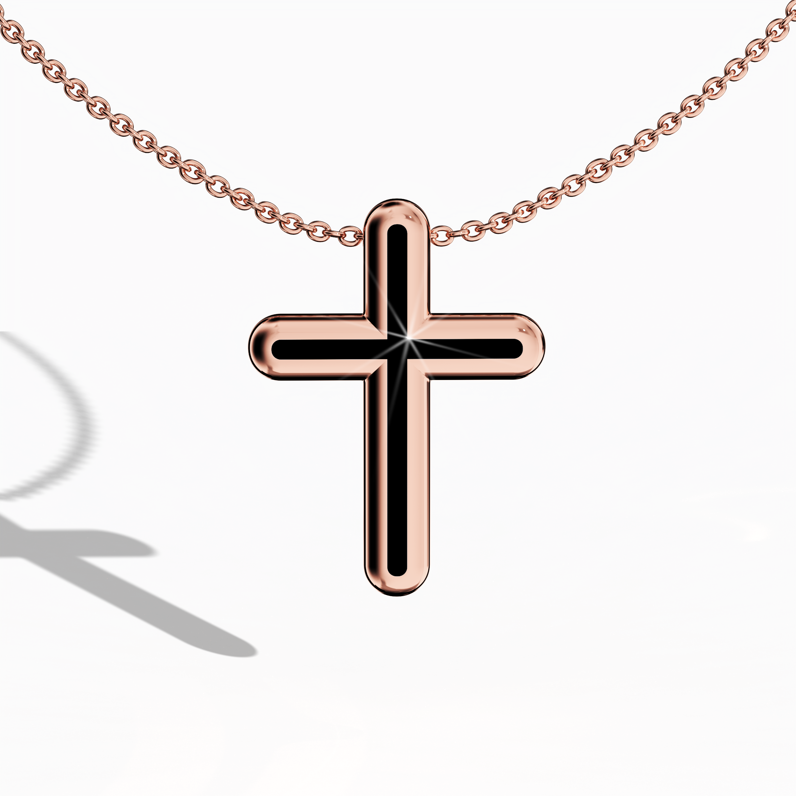 Front view of a center enamel cross pendant in warm розовое золото, sometimes called pink or blush gold in different regions. The bold black enamel, also referred to as ebony or jet enamel, fills the cross’s core, forming a design some label multi-tier or layered cross. Polished metal and deep contrast fuse traditional symbolism with modern flair. Keywords: enamel cross, розовое золото, black enamel, timeless design.