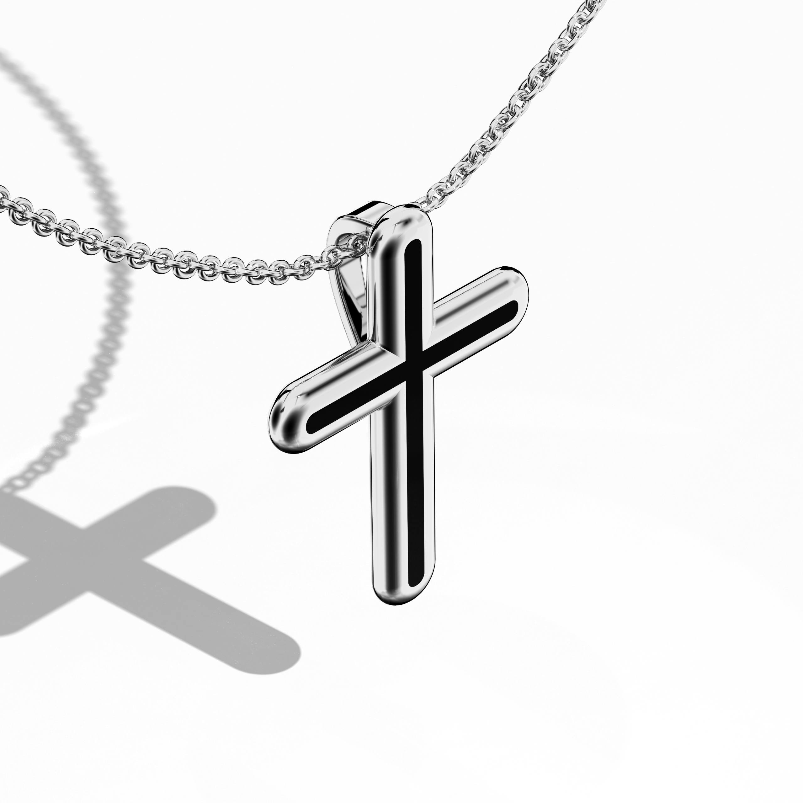 Front top side view of a center enamel cross pendant in radiant белое золото, sometimes referred to as pale or silver-hued gold. From this angled vantage, the deep black enamel (often known as ebony or jet) accentuates a multi-step or tri-tier cross silhouette. Polished contours and sharp contrasts highlight both faith-inspired roots and contemporary appeal. Keywords: enamel cross, белое золото, black enamel, tri-tier design.