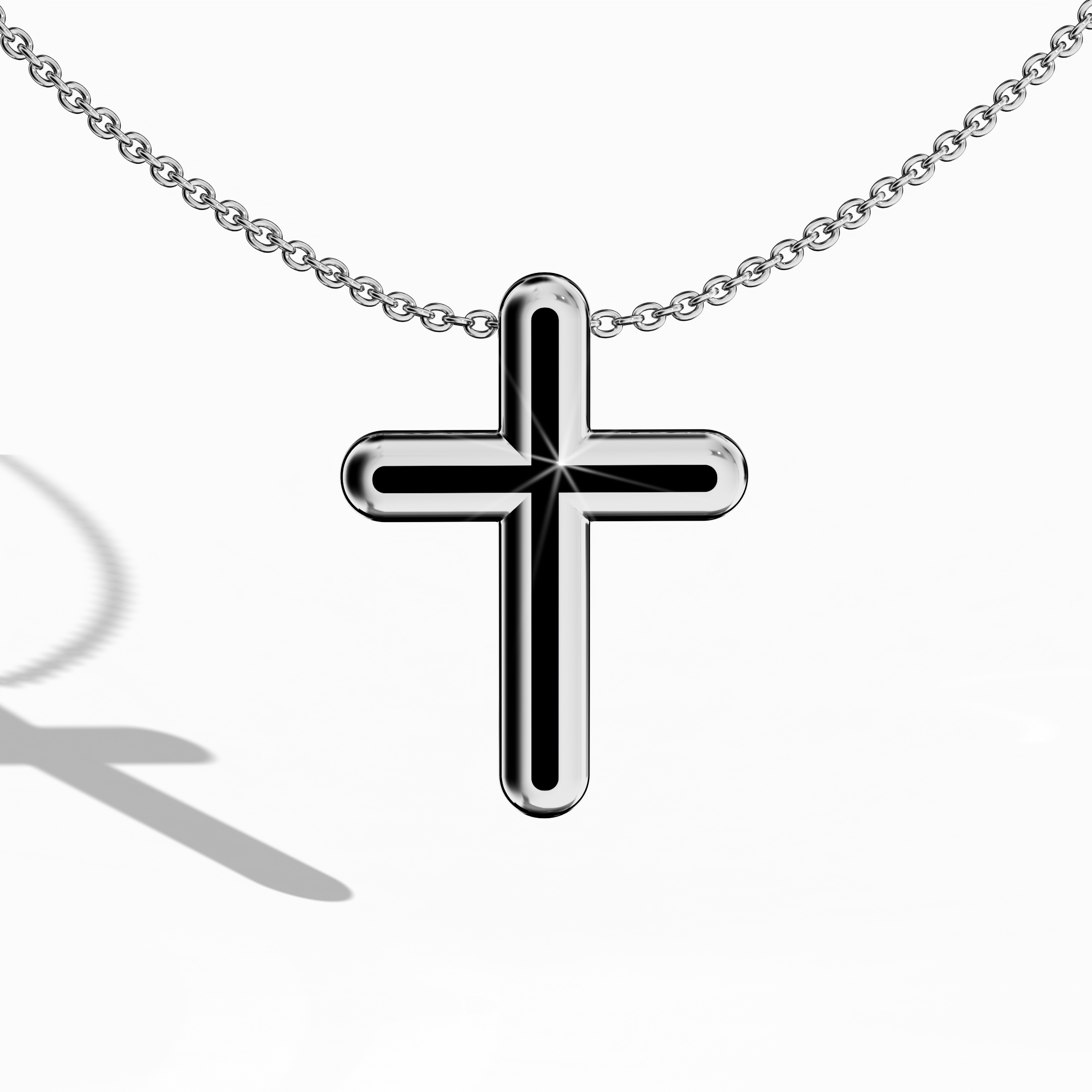 Front view of a center enamel cross pendant in lustrous белое золото, sometimes described as pale or silver-toned metal in various regions. The striking black enamel, also called ebony or jet enamel, fills the cross’s center, presenting a design often termed multi-tier or layered cross. Polished edges and dramatic contrast combine spiritual tradition with a sleek, modern touch. Keywords: enamel cross, белое золото, black enamel, timeless style.