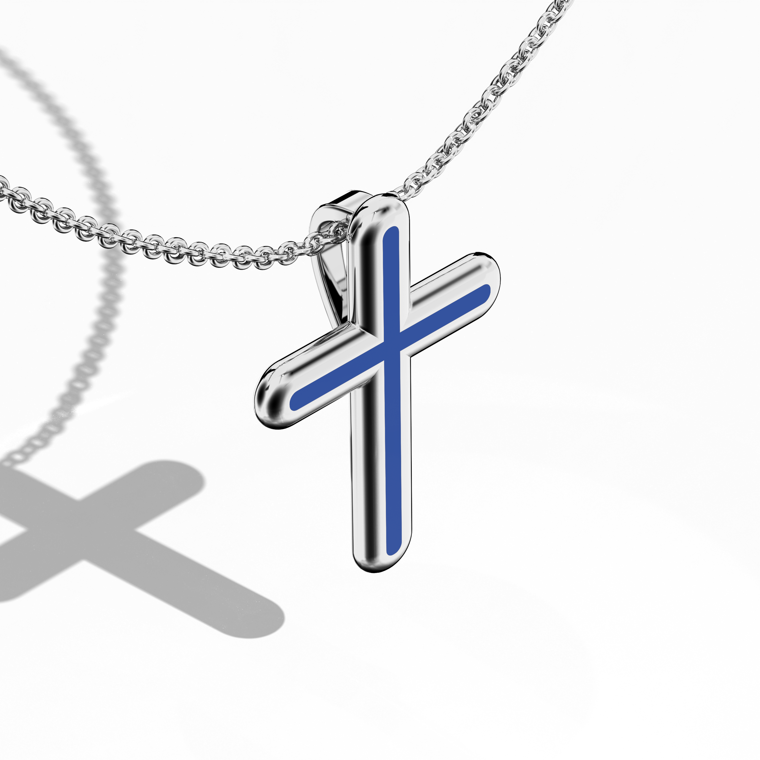 Front top side view of a center enamel cross pendant in radiant белое золото, also described as pale or silver-toned metal in diverse locales. From this angled perspective, the vivid blue enamel (often referred to as cobalt or azure) highlights a design some call multi-step or tri-tier cross. Its polished contours and lustrous finish underscore a refined blend of tradition and modernity. Keywords: enamel cross, белое золото, blue enamel, tri-tier design.
