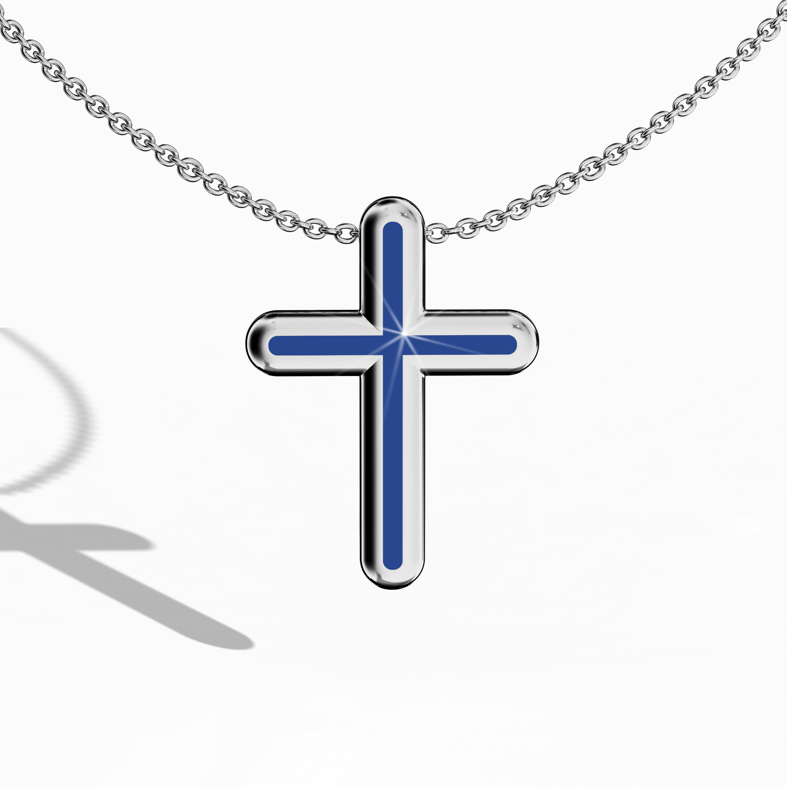 Front view of a center enamel cross pendant in luminous белое золото, sometimes called pale or silver-hued metal in various regions. The bold blue enamel, also known as cobalt or azure enamel, fills the cross’s core, showcasing a design often called multi-tier or layered cross. Polished edges and vibrant color blend modern flair with timeless symbolism. Keywords: enamel cross, белое золото, blue enamel, iconic design.