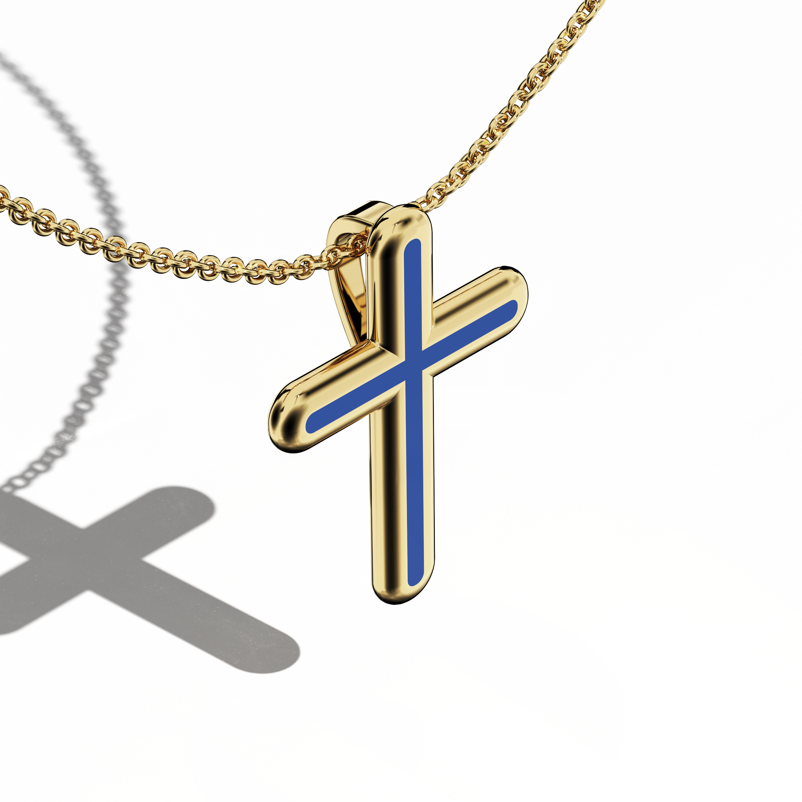 Front top side view of a center enamel cross pendant in radiant жёлтое золото, occasionally referred to as traditional or golden-toned metal. The bold blue enamel (sometimes labeled cobalt or azure) highlights the multi-step or tri-tier cross structure from this angled perspective. Polished edges accentuate a sophisticated balance of vibrant hue and warm metal. Keywords: enamel cross, жёлтое золото, blue enamel, tri-tier design.