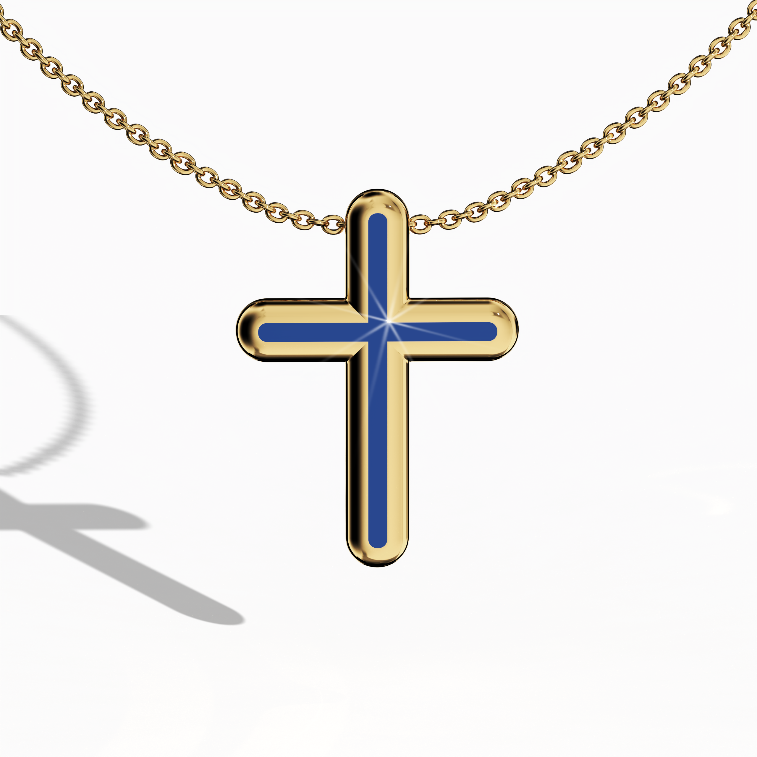 Front view of a center enamel cross pendant in classic жёлтое золото, sometimes described as traditional or golden-hued metal. The vivid blue enamel, also known as cobalt or azure enamel, fills a design some call multi-tier or layered cross. Its polished finish and striking color evoke a fusion of enduring faith and modern appeal. Keywords: enamel cross, жёлтое золото, blue enamel, iconic design.