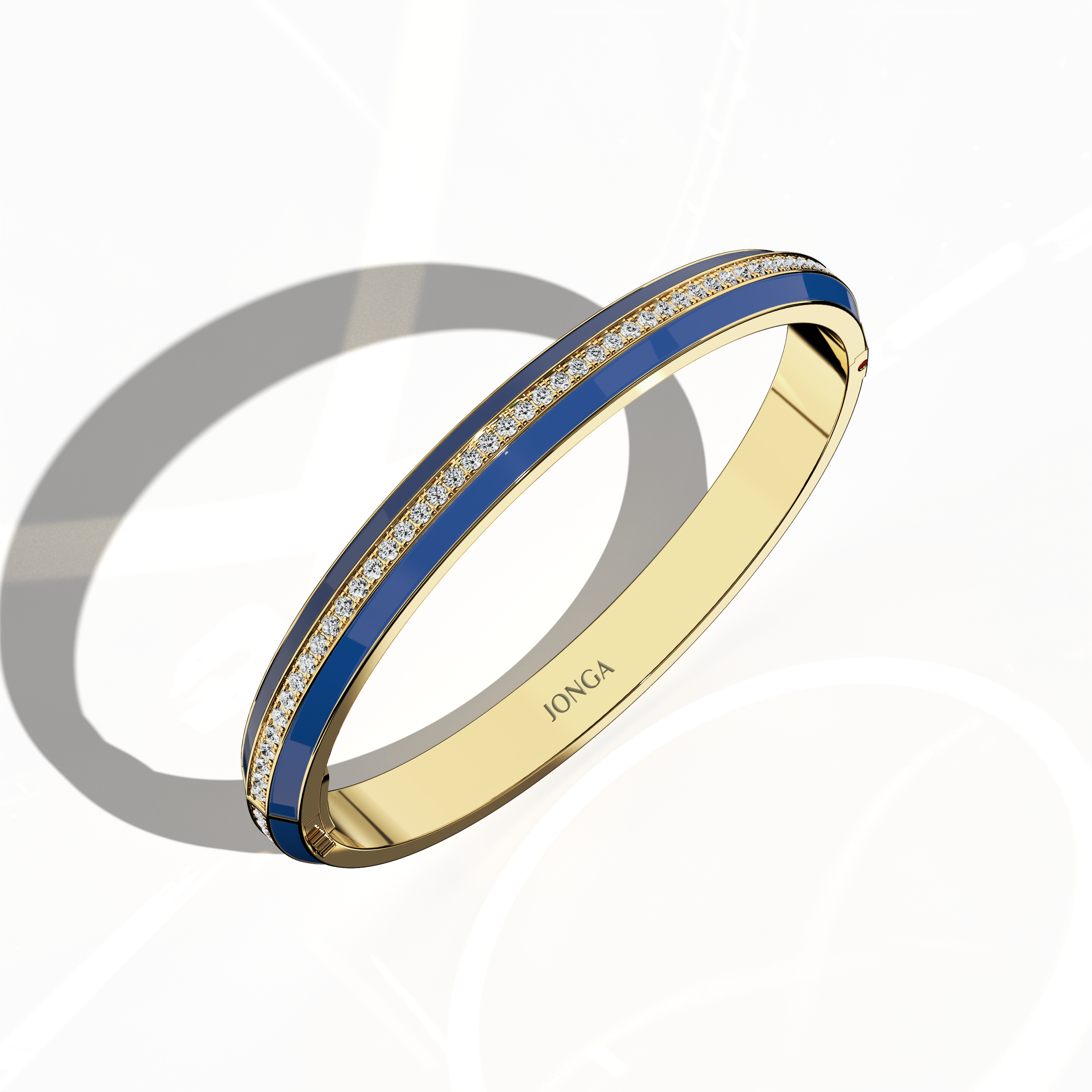 Standing front top side view of a side enamel center paved bangle in жёлтое золото (often referred to as traditional gold), adorned with a deep blue enamel band. Embellished with 2.60 carats of diamonds in a pavé arrangement, this piece—bracelet, armlet, kangan, or pulsera—showcases an engaging mix of classic metal, vivid color, and sparkling stones. The elevated angle highlights its meticulous craftsmanship. Keywords: bangle, enamel, diamonds, жёлтое золото.