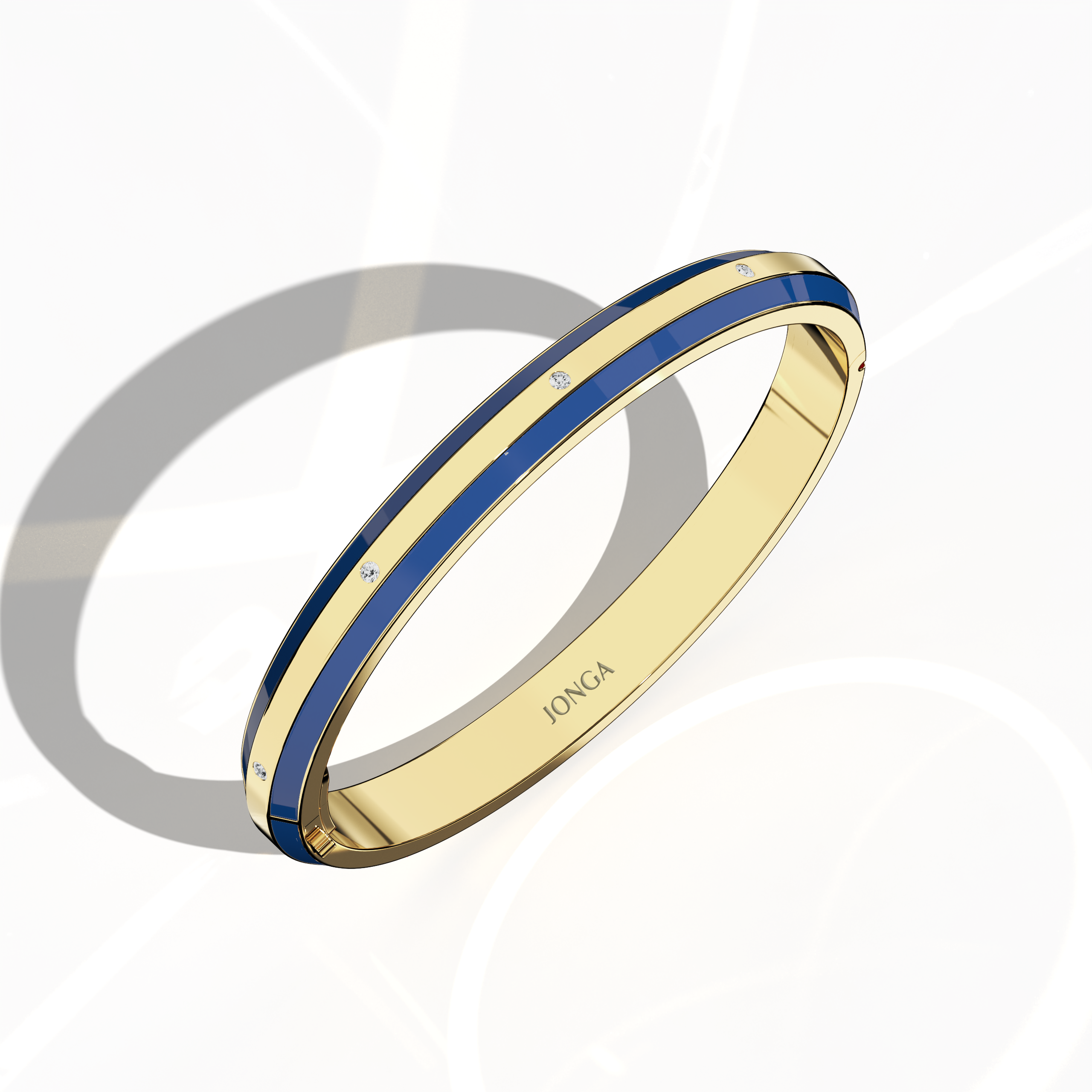 Standing front top side view of a side enamel 9-Diamonds bangle boasting 0.25 carat total diamond weight in luminous жёлтое золото—often termed classic gold, golden, or sunlit gold. Known as a diamond-encrusted bracelet, kada, or armlet, it features a vivid blue enamel edge—navy or sapphire toned—accentuating nine radiant diamonds. Keywords: diamond bangle, жёлтое золото, blue enamel, 9 diamonds, unisex.