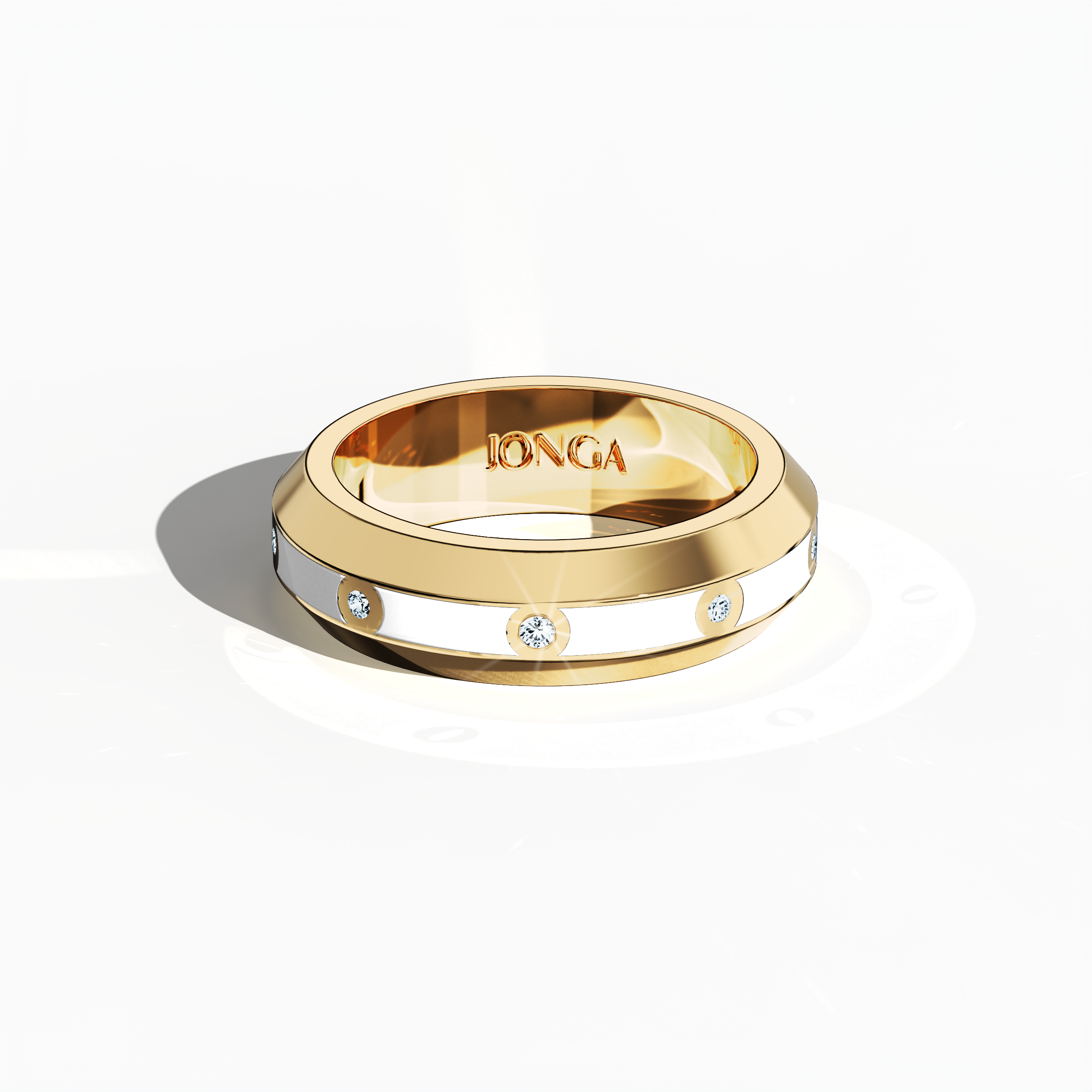 Displayed in a sleeping front top view, the yellow gold nine diamond center step enamel ring with luminous white glossy enamel reveals an immaculate flat presentation. The 0.30-carat diamond center line shines brilliantly, underscoring the piece’s identity as ‘Golden Classic’ or ‘Sunlit Heritage’—a design celebrated for its fusion of contemporary style and enduring luxury. Keywords: yellow gold, enamel, diamond, luxury, modern, designer, elegant, fine craftsmanship.
