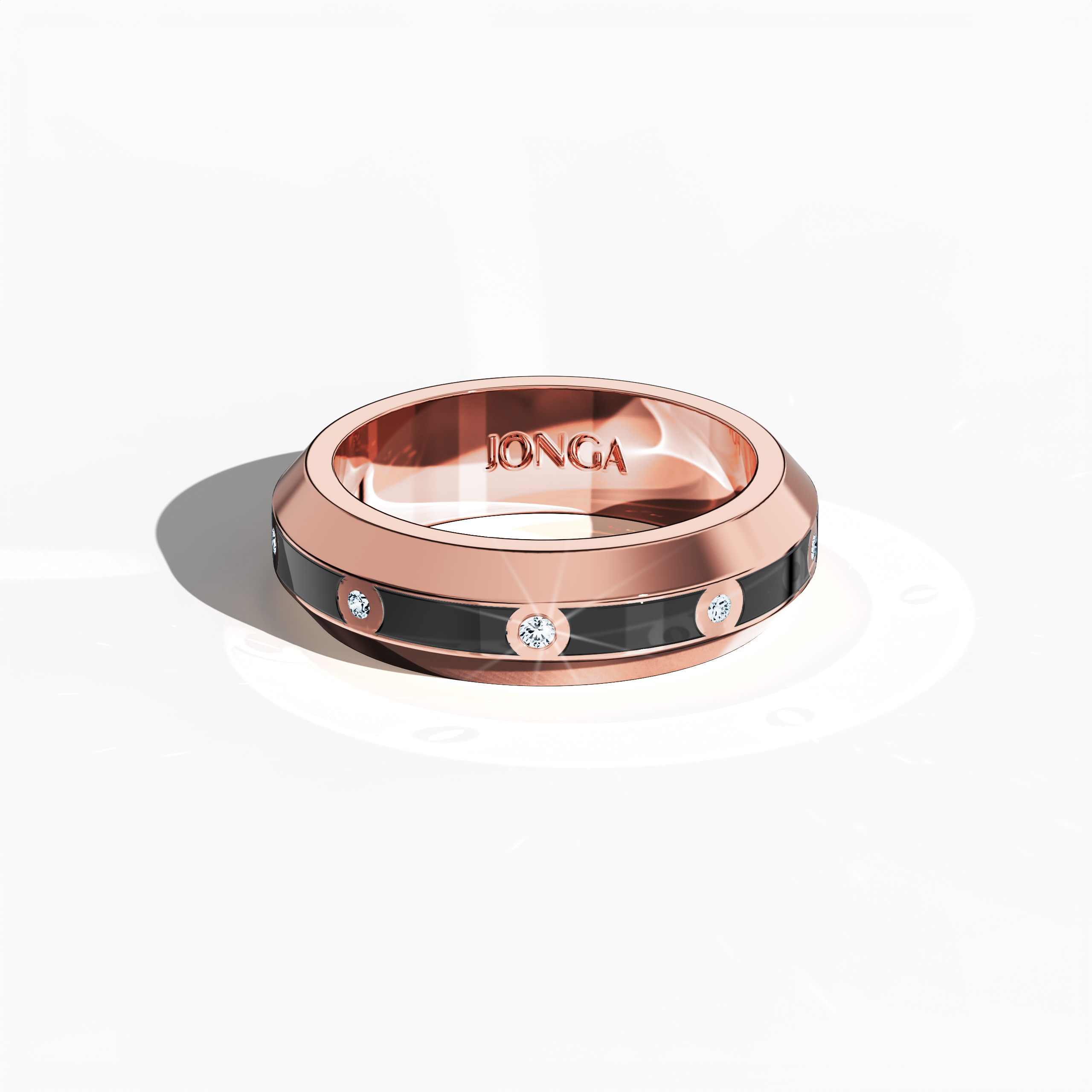 Displayed in a sleeping front top view, the rose gold nine diamond center step enamel ring with rich black glossy enamel reveals a flawless flat profile and a meticulous 0.30-carat diamond center line. Embracing the identities ‘Blush Elegance’ and ‘Rose Noir Splendor,’ this design is celebrated for its artistic fusion of traditional grace and contemporary style. Keywords: rose gold, enamel, diamond ring, luxury, designer jewelry, fine craftsmanship, modern, sophisticated.