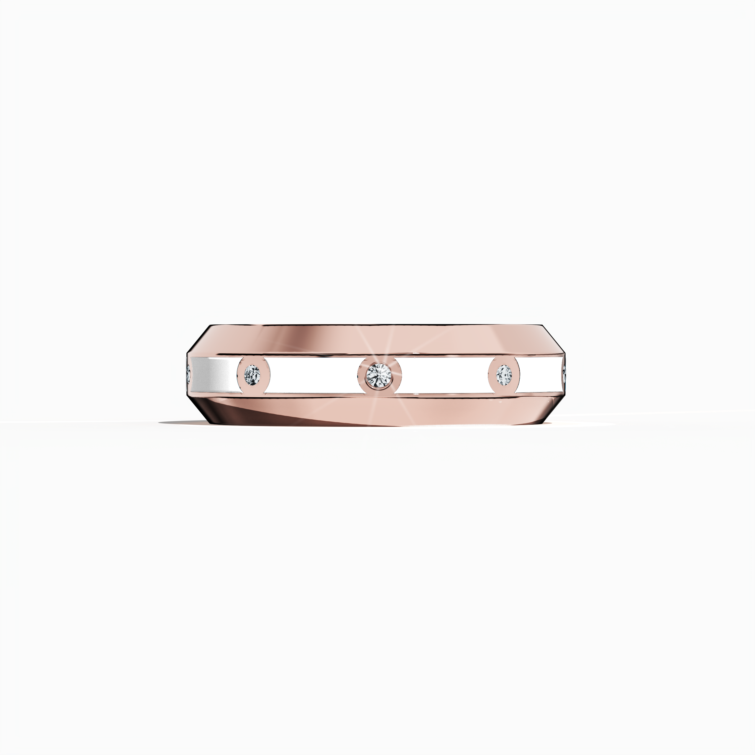 This refined nine diamond center step enamel ring in rose gold paired with pristine white glossy enamel is depicted in a sleeping front view. The band’s 0.30-carat diamond line shines with precision, underscoring a design known as ‘Blush Elegance’ or ‘Rose Ivory Radiance’ in international design vocabularies. Its harmonious blend of soft hues and modern luxury exemplifies fine craftsmanship and timeless beauty. Keywords: rose gold, white enamel, diamond ring, luxury, designer, modern, elegant, refined.
