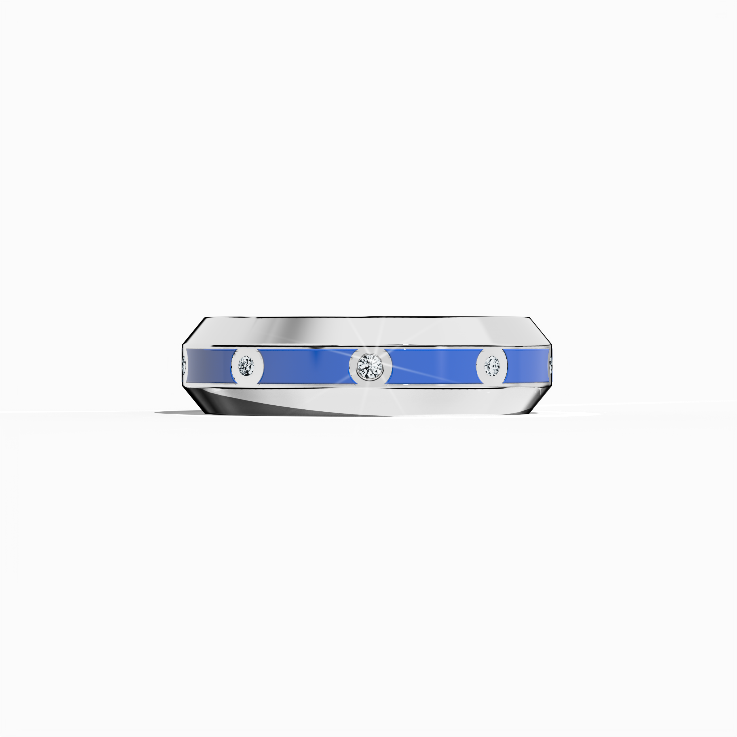 This nine diamond center step enamel ring in white gold with vibrant blue glossy enamel is shown in a sleeping front view. The elegant band, featuring a 0.30-carat diamond line, epitomizes precision and luxury. Recognized as ‘Sterling Radiance’ or ‘Icy Blue Brilliance’ in diverse design lexicons, its modern yet timeless style is perfectly captured. Keywords: white gold, blue enamel, diamond ring, luxury jewelry, fine craftsmanship, designer, modern elegance.