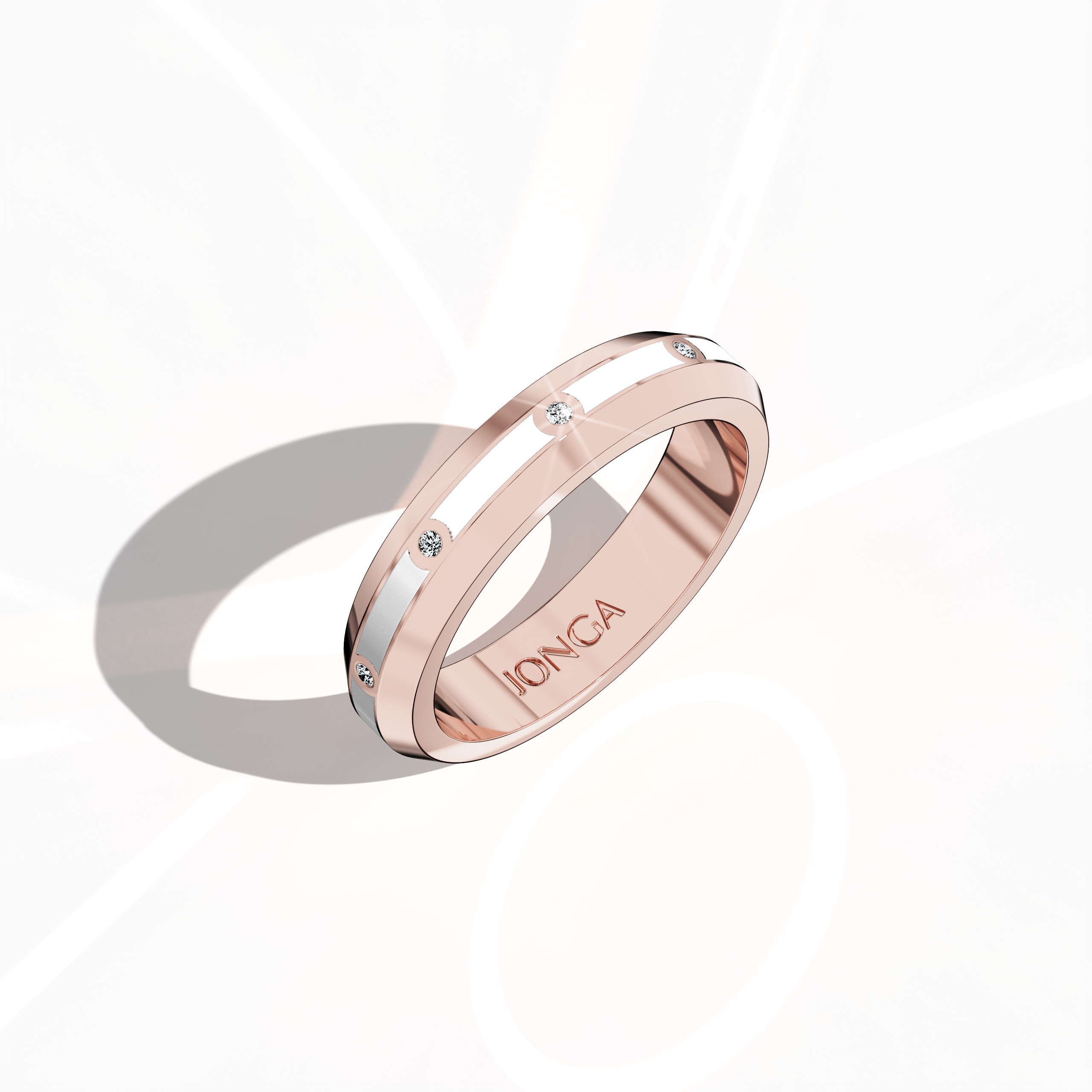 Presented in a standing front top side view, this rose gold nine diamond center step enamel ring reveals a sophisticated profile with nine evenly distributed diamonds (0.10 carats total) and a clean white glossy enamel finish. Known as “Timeless Radiance,” “Celestial Emblem,” and “Eternal Sparkle,” and featuring alternative international rose gold names, the ring symbolizes refined luxury and contemporary artistry. Keywords: chic, elegant, modern, refined, artisanal.
