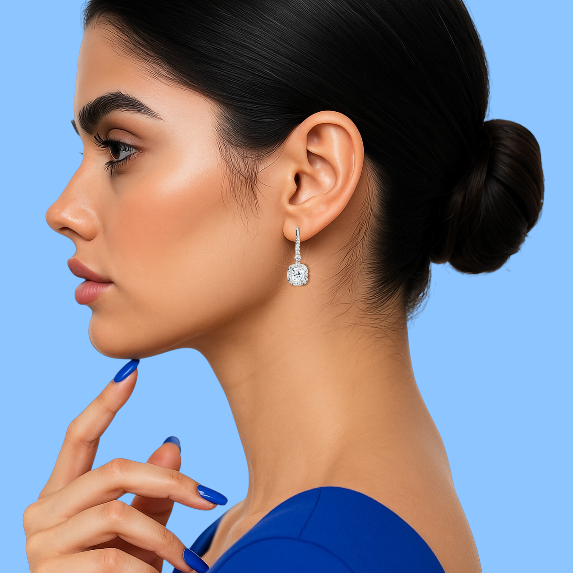 Cushion Halo Earring close-up displaying 0.68 carat side diamonds D-F color VVS-VS clarity white gold finish
