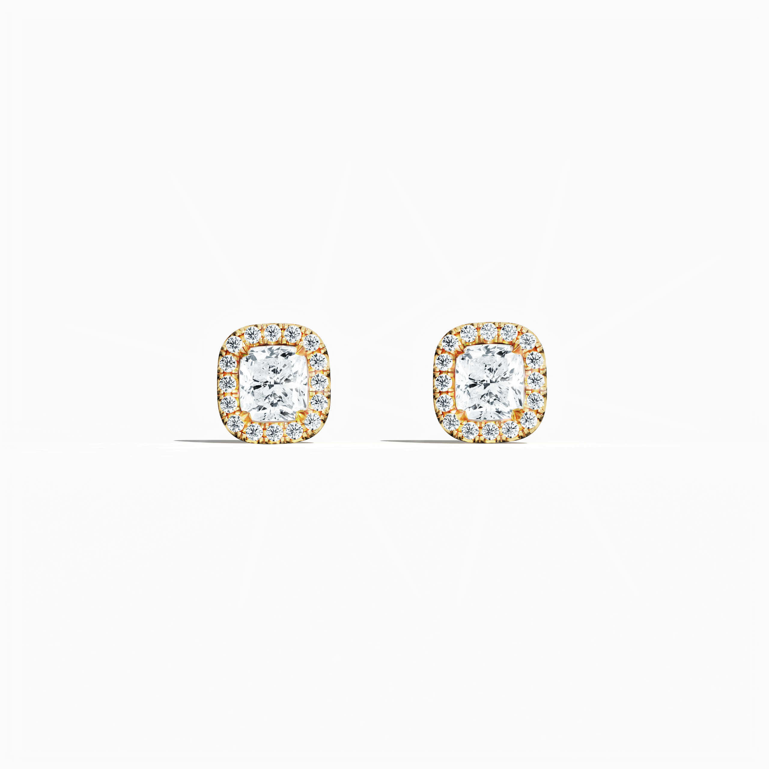 Cushion Halo Stud in Yellow Gold 2.47 carat total 1.00 carat each GIA certified D-F color VVS-VS clarity Dubai
