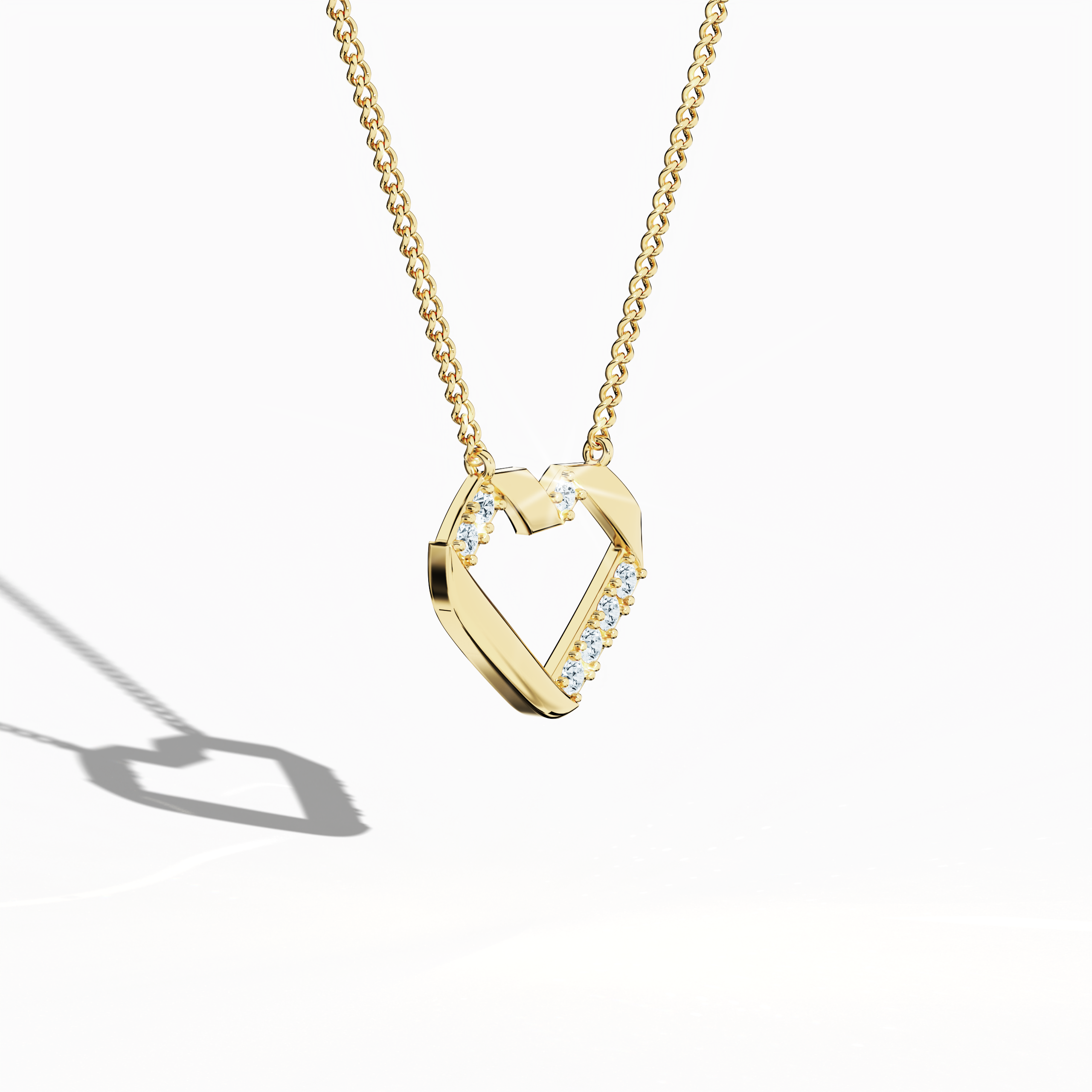 Angled top perspective of a жёлтое золото (oro amarillo, or jaune, Gelbgold) бриллиант heart-кулон, adorned with up to 0.28 carat бриллианты in a sleek open-heart form. This sophisticated jewelry (jewellery, joias, bijoux, gioielli, schmuck), referred to as a бриллиант heart колье, бриллиант love кулон, collier cœur diamant, colgante de corazón con diamantes, pendentif cœur diamant, collana cuore di diamanti, or Halskette Herz mit Diamant, emits a radiant golden glow. Keywords: бриллиант heart-кулон.