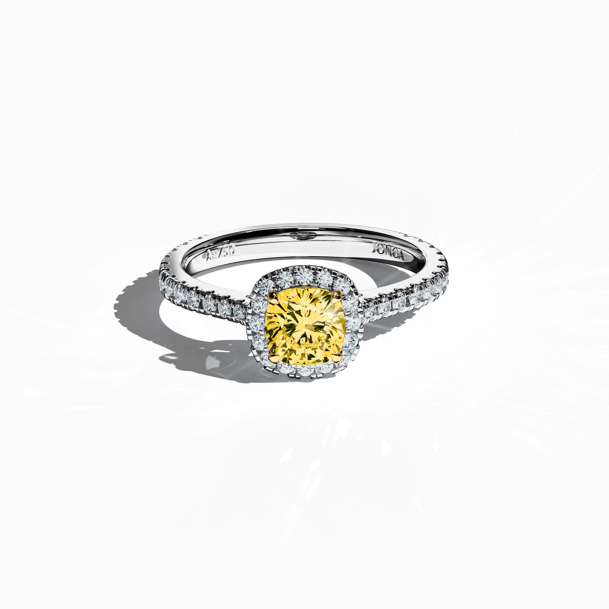 Viewed from a gentle sleeping front top angle, this exquisite halo paved ring in sleek white gold features a luminous 1ct yellow cushion‐cut diamond center encircled by a 0.60ct halo of sparkling side stones, summing to 1.60 carats. Integrating Classic Halo, Modern Halo, Vintage Halo, Contemporary Halo, and Eternity Halo designs with cues from cushion and brilliant cuts, it also reflects alternate white gold terms such as silvery and frost-finished. Keywords: elegance, luxury, brilliance, sparkle, refined.