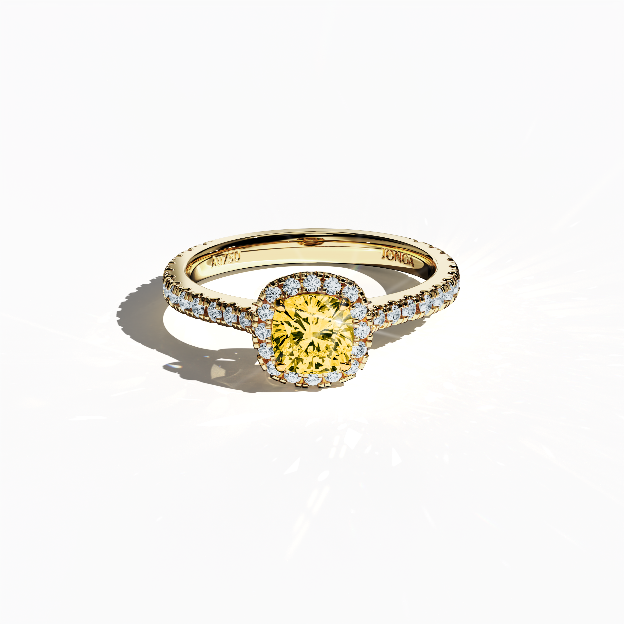 Viewed from a gentle sleeping front top angle, this stunning halo paved ring in radiant yellow gold features a dazzling 1ct yellow cushion‐cut diamond center embraced by a 0.60ct halo of brilliant side stones, totaling 1.60 carats. Integrating Classic Halo, Modern Halo, Vintage Halo, Contemporary Halo, and Eternity Halo designs with cues from cushion, brilliant, and princess cuts, it also reflects alternate gold names such as golden and amber-toned. Keywords: luxury, elegance, sparkle, handcrafted, diamond.