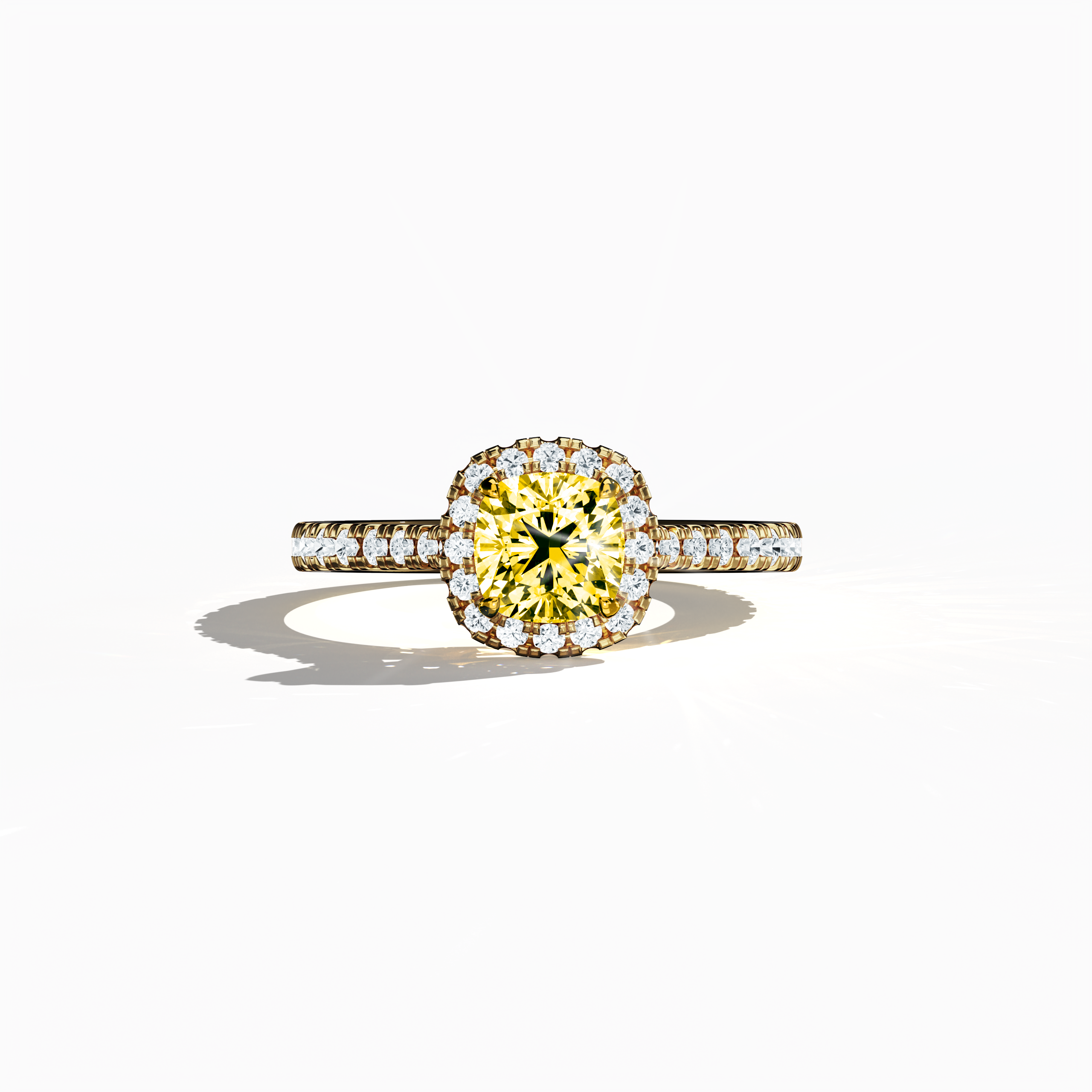 Captured in a serene sleeping front view, this halo paved ring in glowing yellow gold exhibits a luminous 1ct yellow cushion‐cut diamond centerpiece, gracefully encircled by a 0.60ct halo of shimmering side stones for a total of 1.60 carats. The design blends Classic Halo, Modern Halo, Vintage Halo, Contemporary Halo, and Eternity Halo aesthetics with inspirations from cushion and radiant cuts, incorporating alternate gold descriptors like golden and amber. Keywords: luxury, handcrafted, brilliance, sparkle