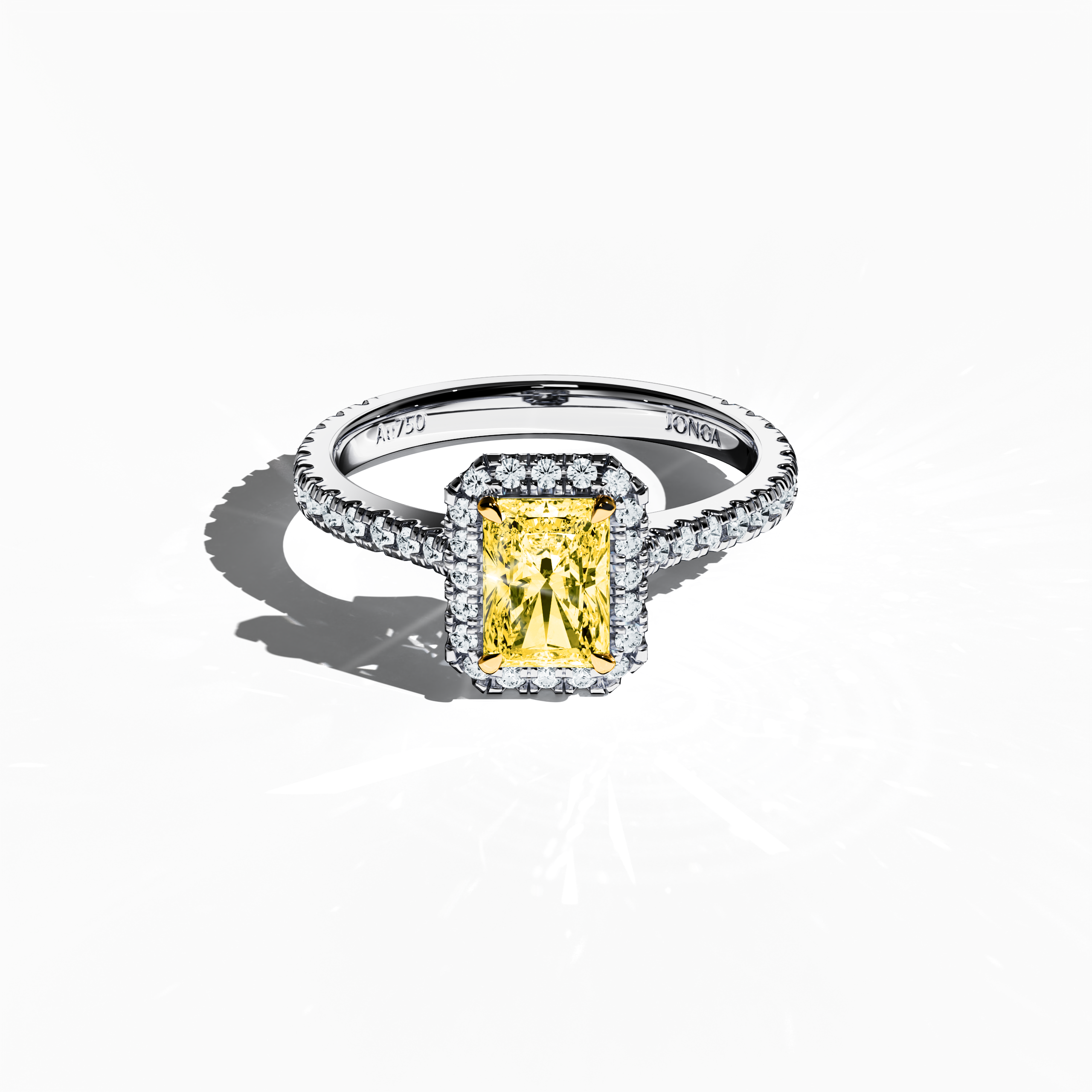 Displayed from a gentle sleeping front top view, this exquisite halo paved ring in pristine белое золото presents a captivating 1 carat yellow radiant‐cut diamond center surrounded by a 0.60 carat halo of shimmering side stones, totaling 1.60 carats. The design integrates Classic Halo, Modern Halo, Vintage Halo, Contemporary Halo, and Eternity Halo styles inspired by radiant, brilliant, and oval cuts, with an icy, silvery finish reminiscent of refined платина. Keywords: luxury, brilliance, sparkle, refined.