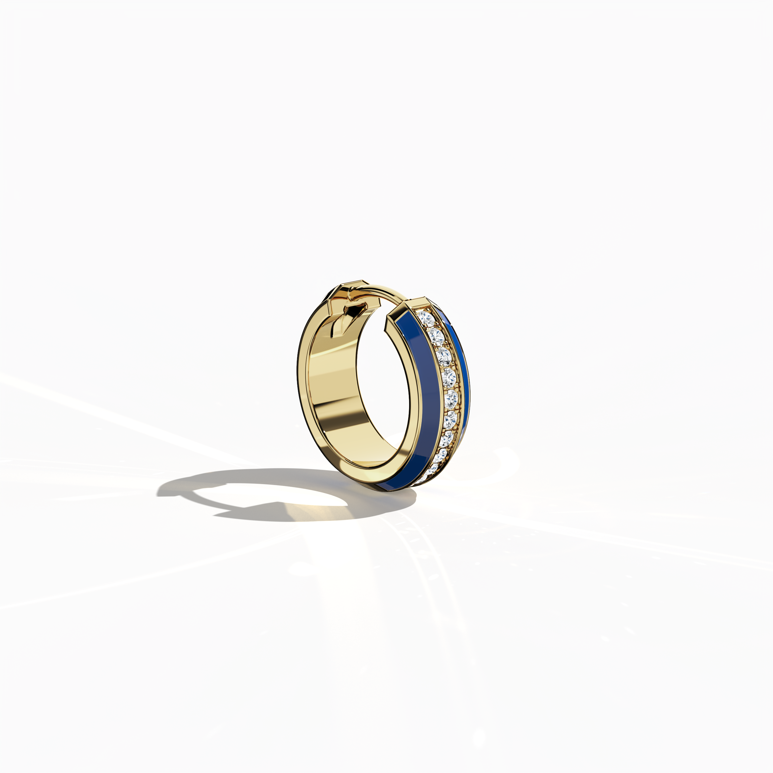 Front side view of Vibrant blue enamel pavé stud earring in жёлтое золото – a dazzling diamond ear accessory featuring a bold blue enamel finish set amid a meticulous pavé of tiny diamonds on a radiant жёлтое золото setting, ideal for a standout look.
