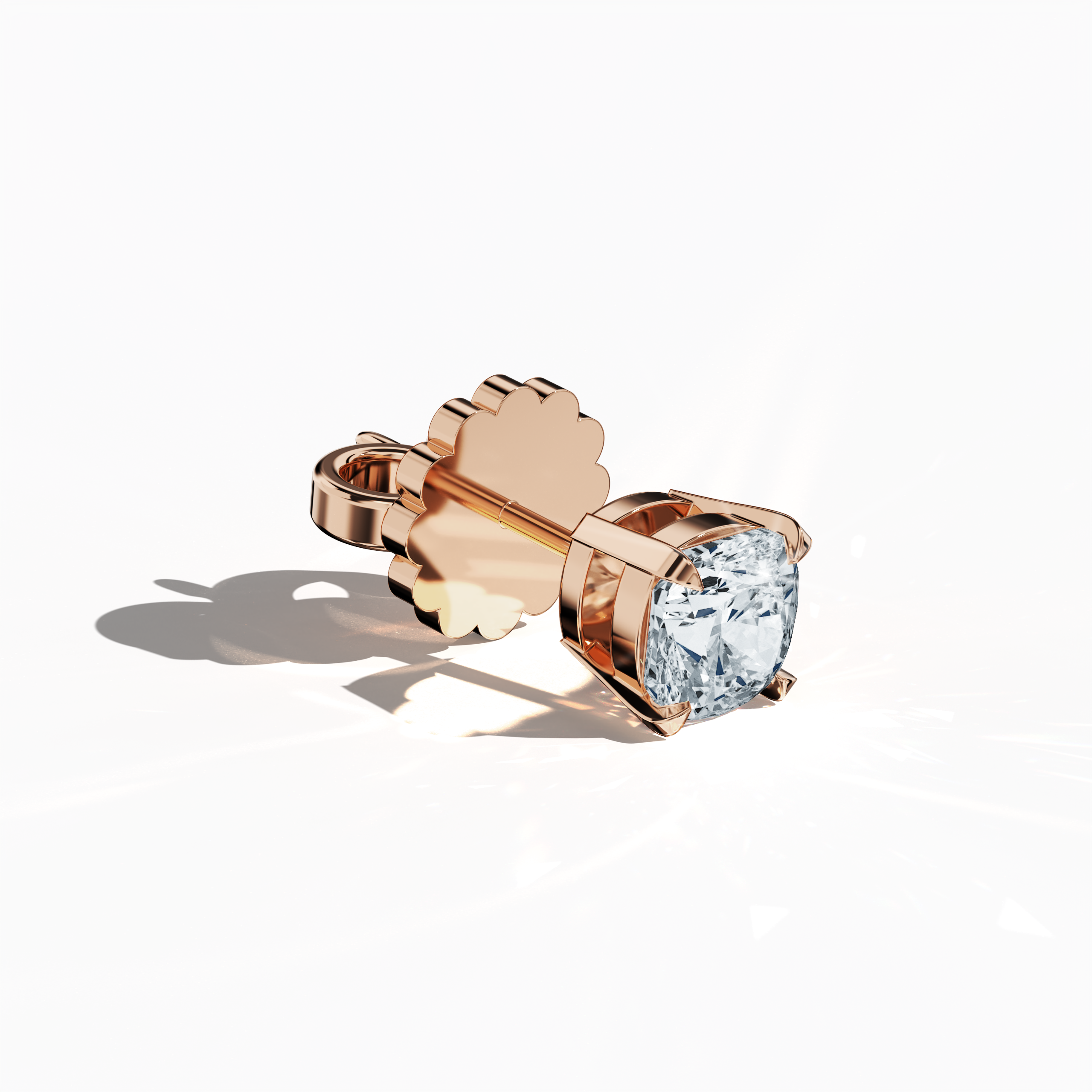 Front top side view 1-carat natural diamond earring in 18k розовое золото with nail prong setting; features a cushion cut diamond (also known as cushion brilliant or pillow cut diamond in various regions) – luxury fine Украшения/fine Ювелирные изделия ear accessory.