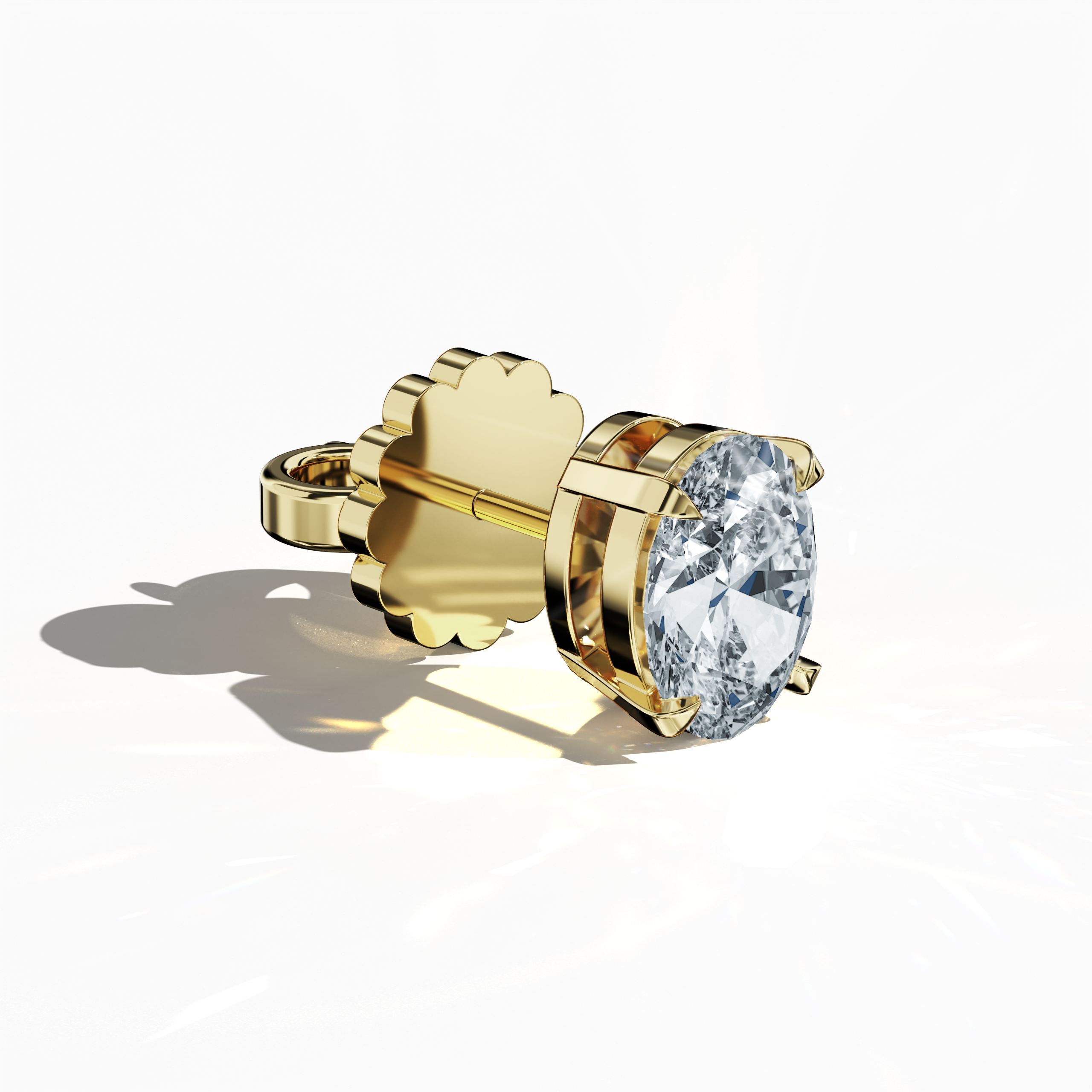 Front top side view of 1-carat natural diamond earring in 18k жёлтое золото with nail prong setting; features an oval cut diamond (also known as oval brilliant or elongated oval in some regions) – luxury fine Украшения/fine Ювелирные изделия ear accessory.