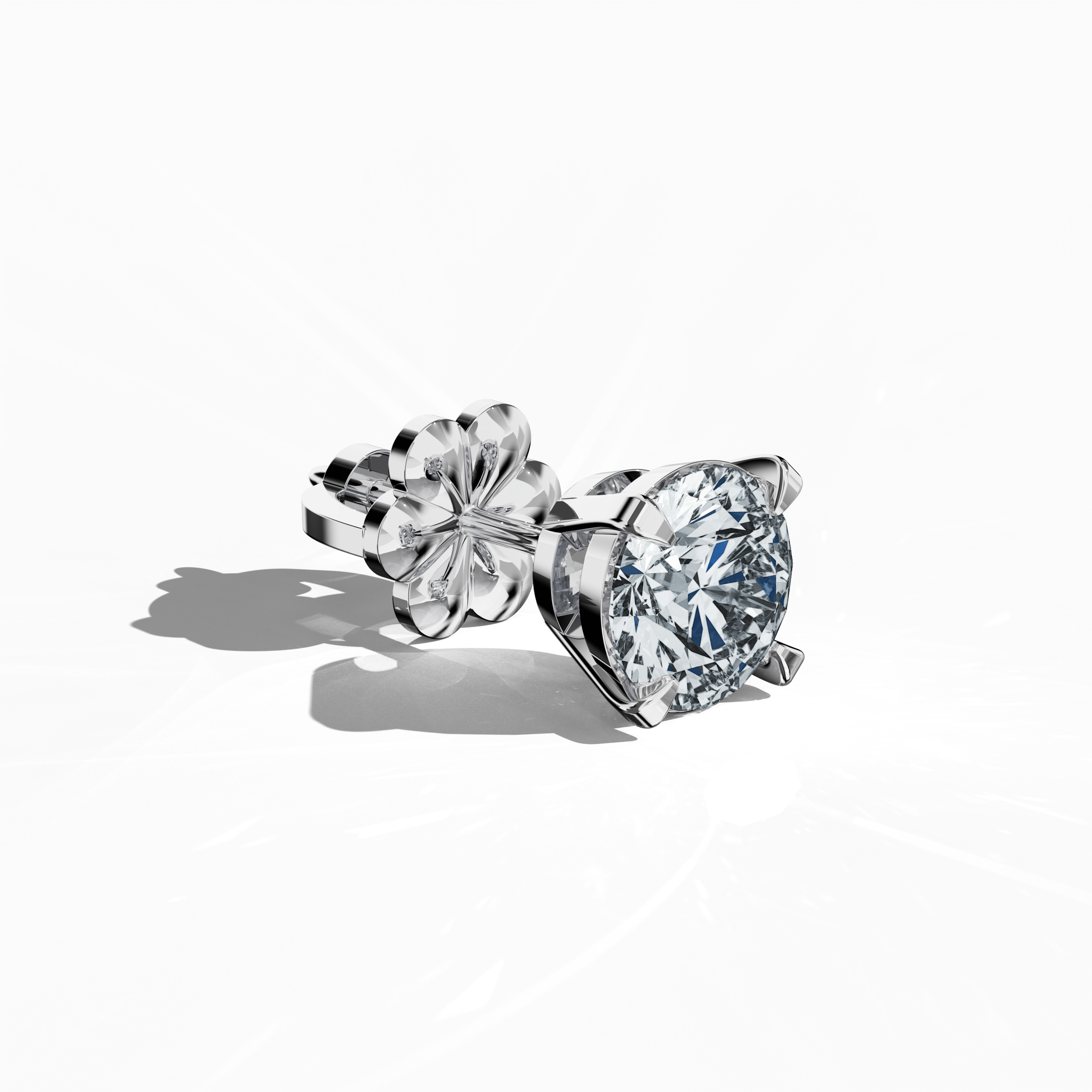 Front top side view of 2 carat natural diamond stud earrings in classic basket and Nail Prong/claw settings, crafted in 18k белое золото.