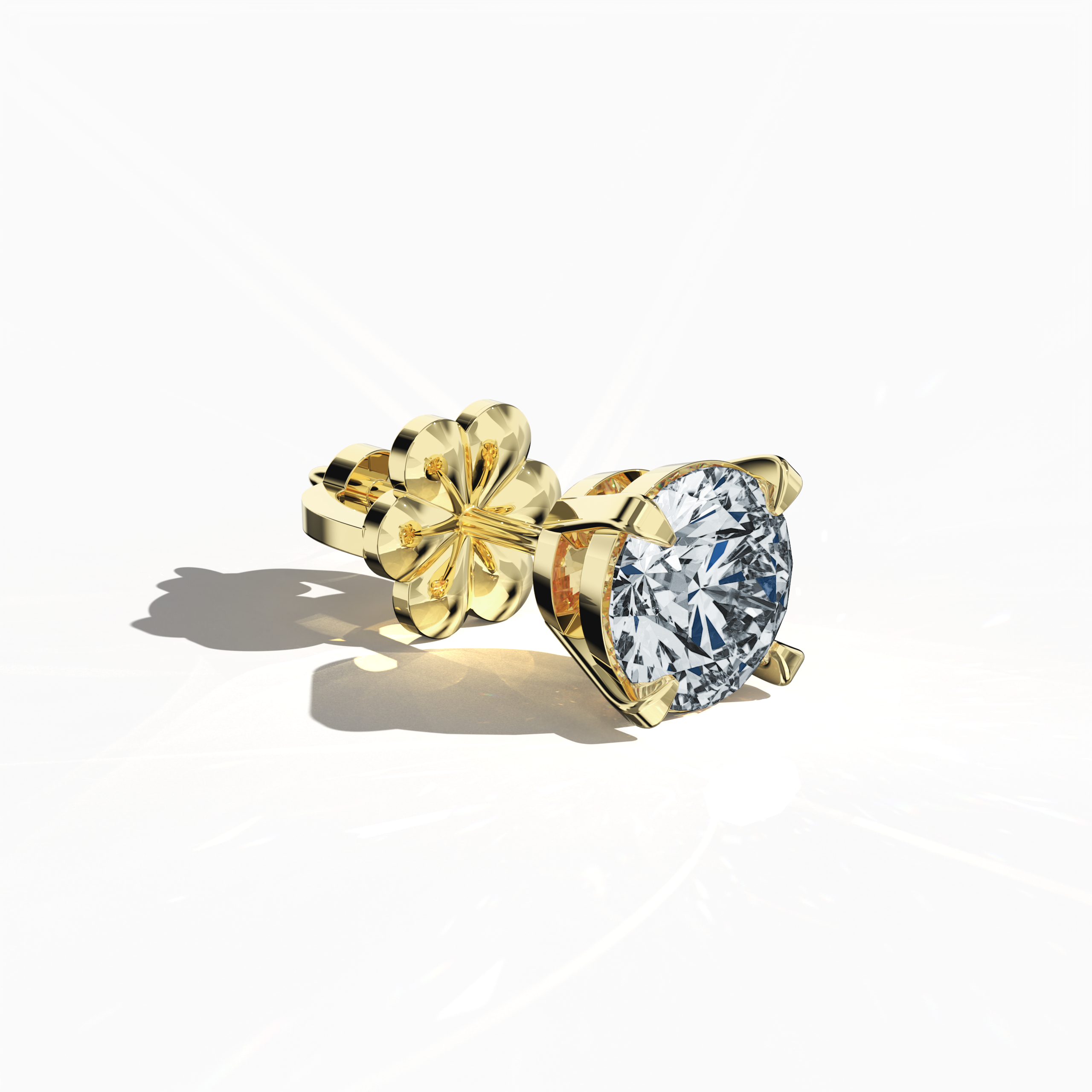 Front top side view of 2 carat natural diamond stud earrings in classic basket and Nail Prong/claw settings, crafted in 18k жёлтое золото.