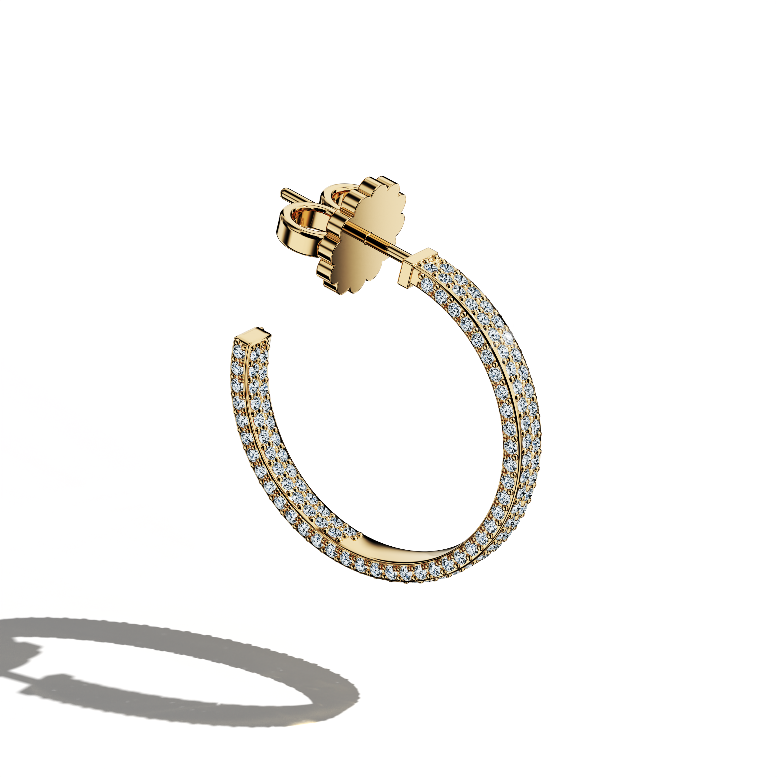Front top side view of 4‑row 20 мм жёлтое золото diamond hoop earrings – impressive diamond ear rings and sophisticated Украшения/fine Ювелирные изделия ear adornments featuring four rows of sparkling diamonds in a 20 мм жёлтое золото hoop, a standout piece for luxury and glamour.