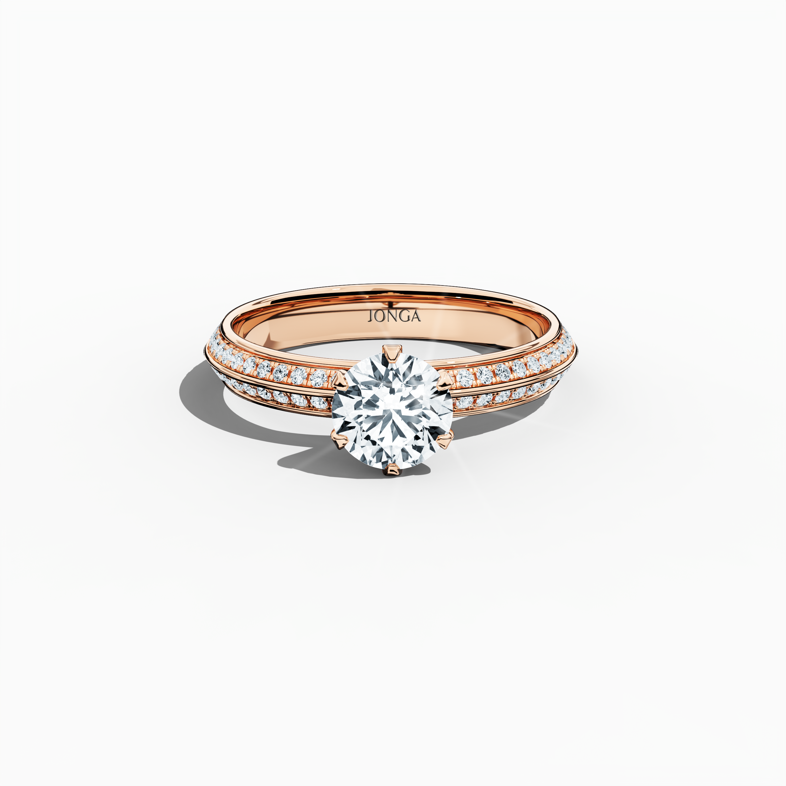 Elegant 1.40 ct diamond ring in a pavé setting, with a 1 ct center stone and 0.40 ct side stones, crafted in soft rose gold (blush/pink gold) with a dual‑tier band defined by a crisp central line. Captured from a front top view, this fine jewelry/fine jewellery ring highlights its luminous pavé detail and gentle, sophisticated finish.
