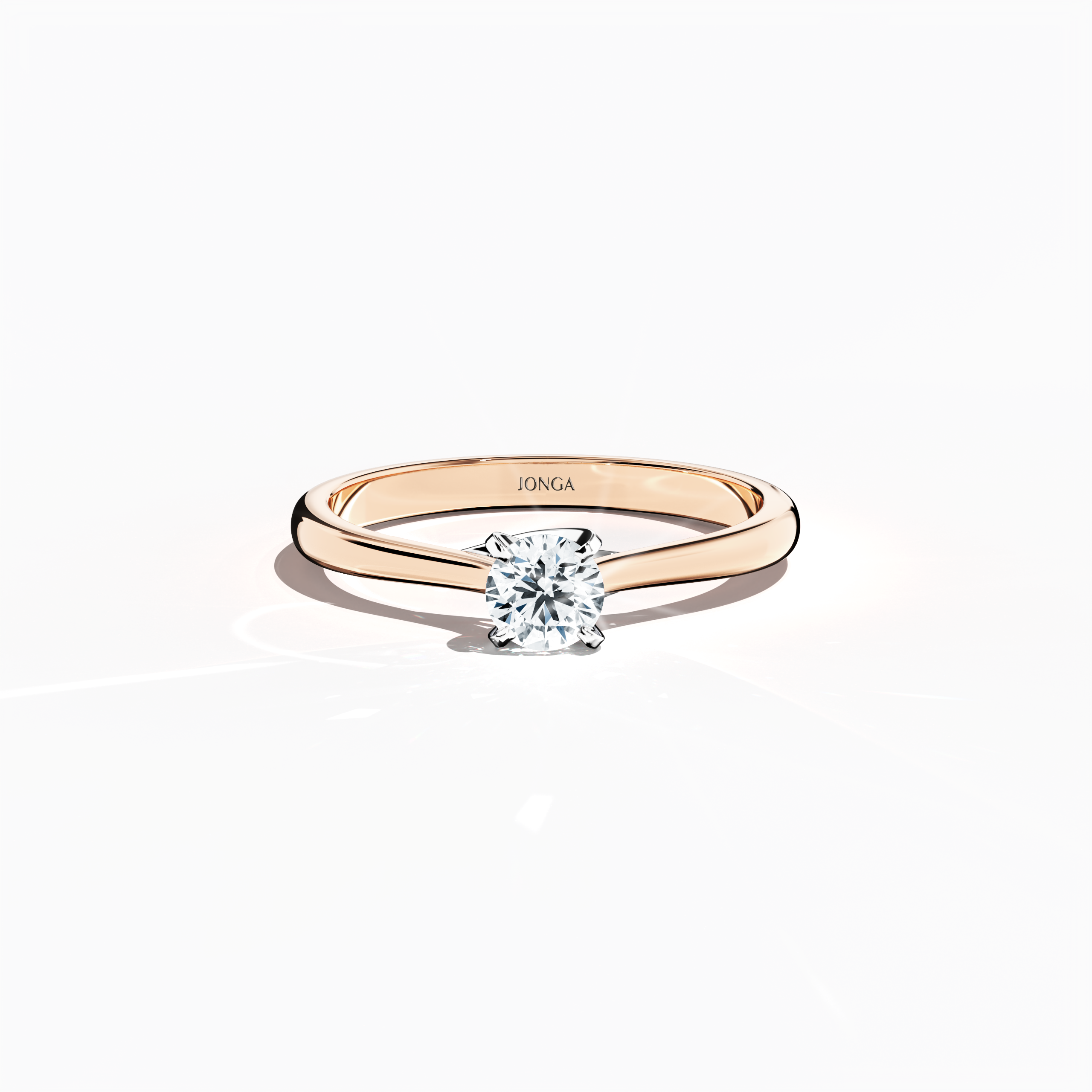 Elegant 0.30  карат diamond solitaire ring featuring a unique twisted bottom setting and four‑tap prongs in белое золото, set with a soft розовое золото band (blush/pink gold). Captured from a sleeping front top view, this fine Украшения/fine Ювелирные изделия ring highlights its refined design and gentle, luminous finish.