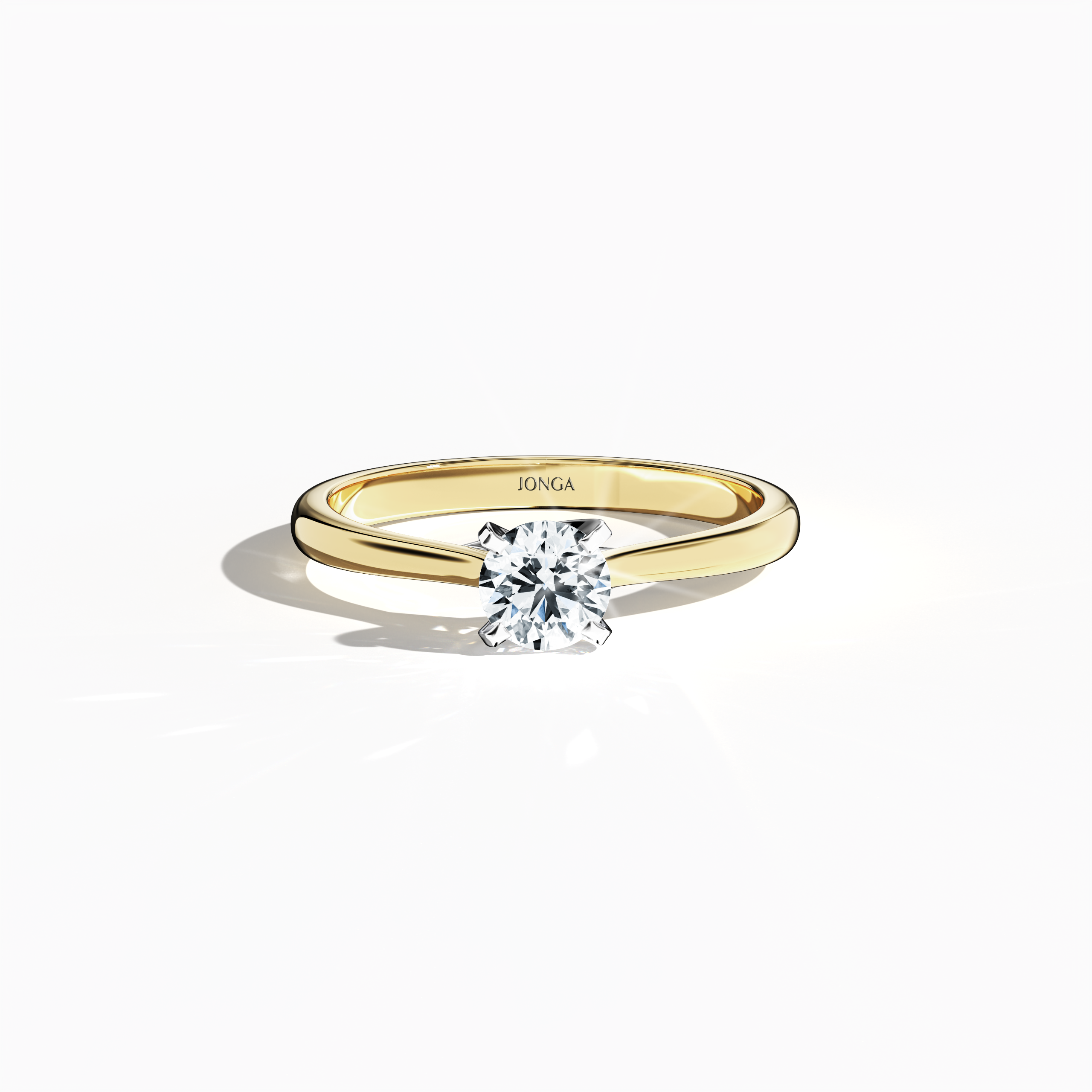 Elegant 0.50  карат diamond solitaire ring featuring a unique twisted bottom setting with four‑tap prongs in белое золото, set with a rich жёлтое золото band (classic/warm жёлтое золото). Captured from a sleeping front top view, this fine Украшения/fine Ювелирные изделия ring highlights its brilliant center stone and warm, luminous finish.